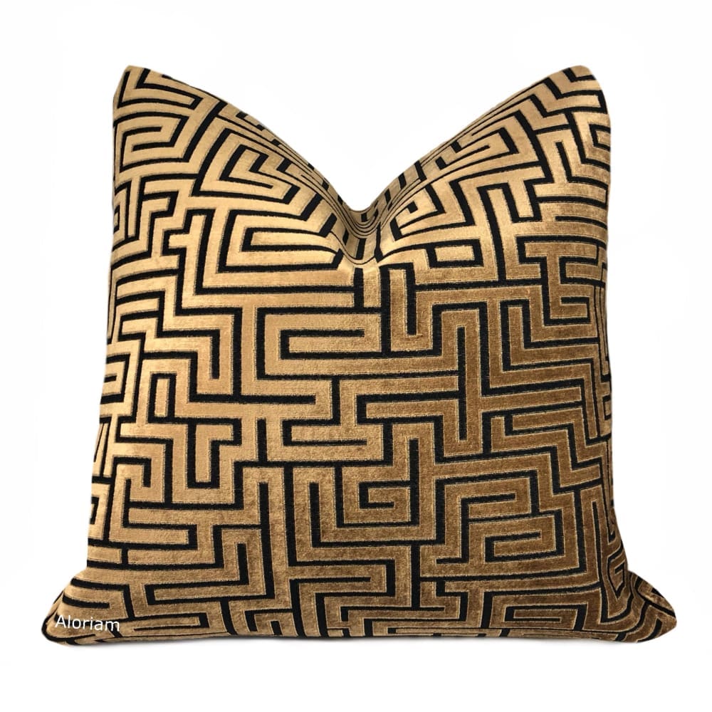 Eugene Copper Brown Black Greek Key Velvet Pillow Cover - Luxury Decorative Throw Pillow Case for Sofa, Bed, Couch - Home Decor Accent for Living Room, Bedroom, Office