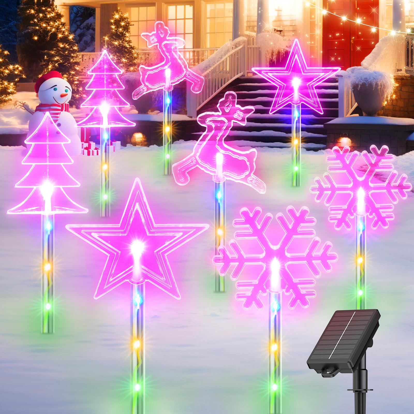 8 Pack Solar Christmas Lights Outdoor - 32 LED Waterproof Holiday Decorations with 10 Lighting Modes (4 Shapes) - Perfect for Pathway, Yard, Garden, and Porch Decor