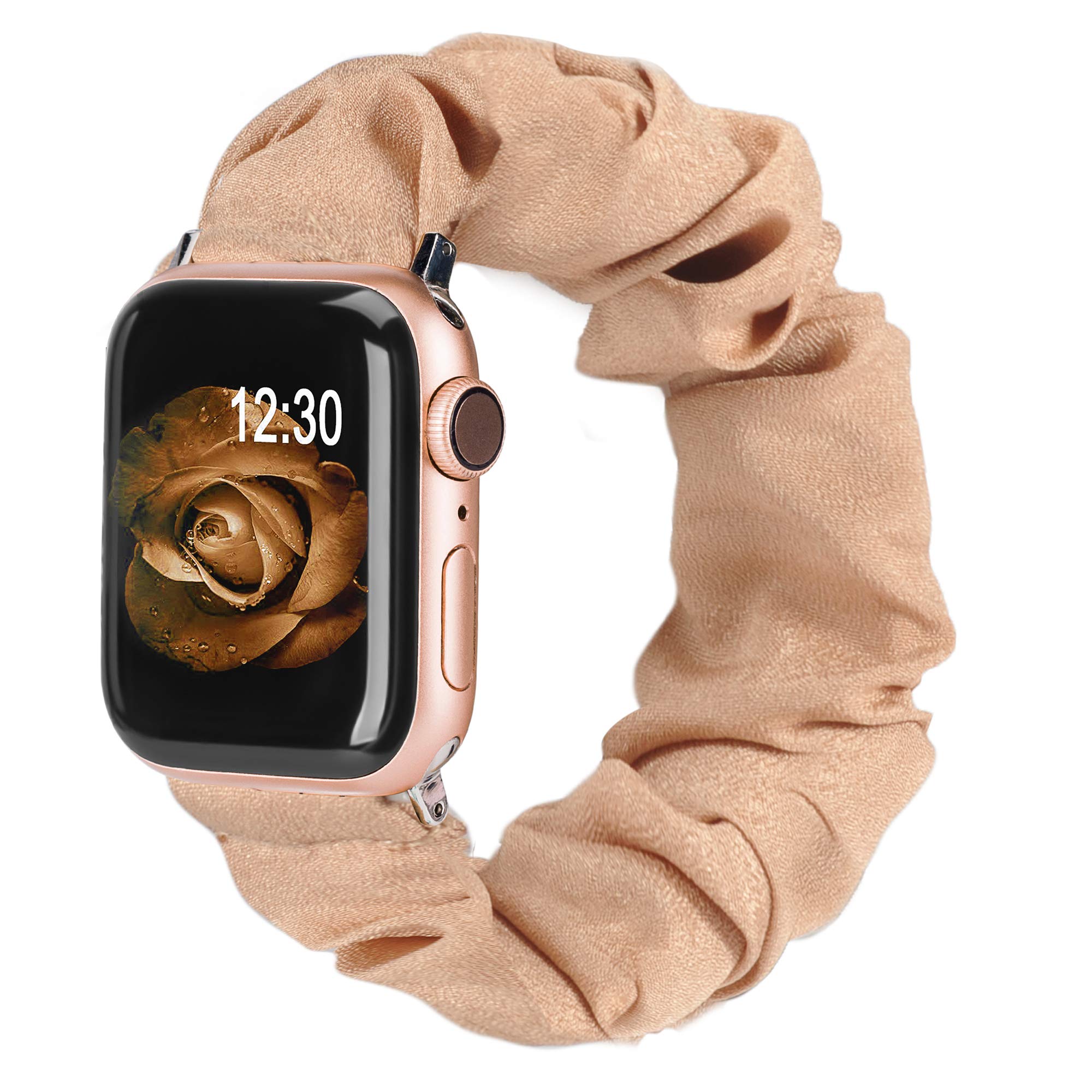 TOYOUTHS Soft Fabric Scrunchy Apple Watch Band Compatible with Series SE/8/7/6/5/4/3/2/1 - 38mm/40mm/41mm Solo Loop Stretchy Bracelet for Women (Rose Gold, S/M) | Cute Printed Pattern for Workout, Yoga & Everyday Wear