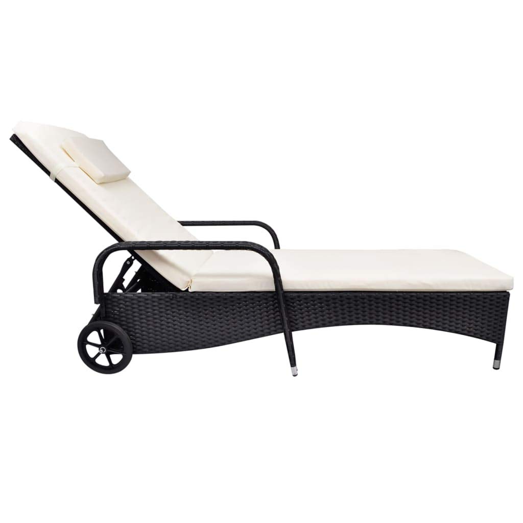 Premium FAMIROSA Sun Lounger with Cushion & Wheels - Durable Poly Rattan Outdoor Chaise Lounge in Black - Perfect for Poolside, Patio, Beach & Garden Relaxation