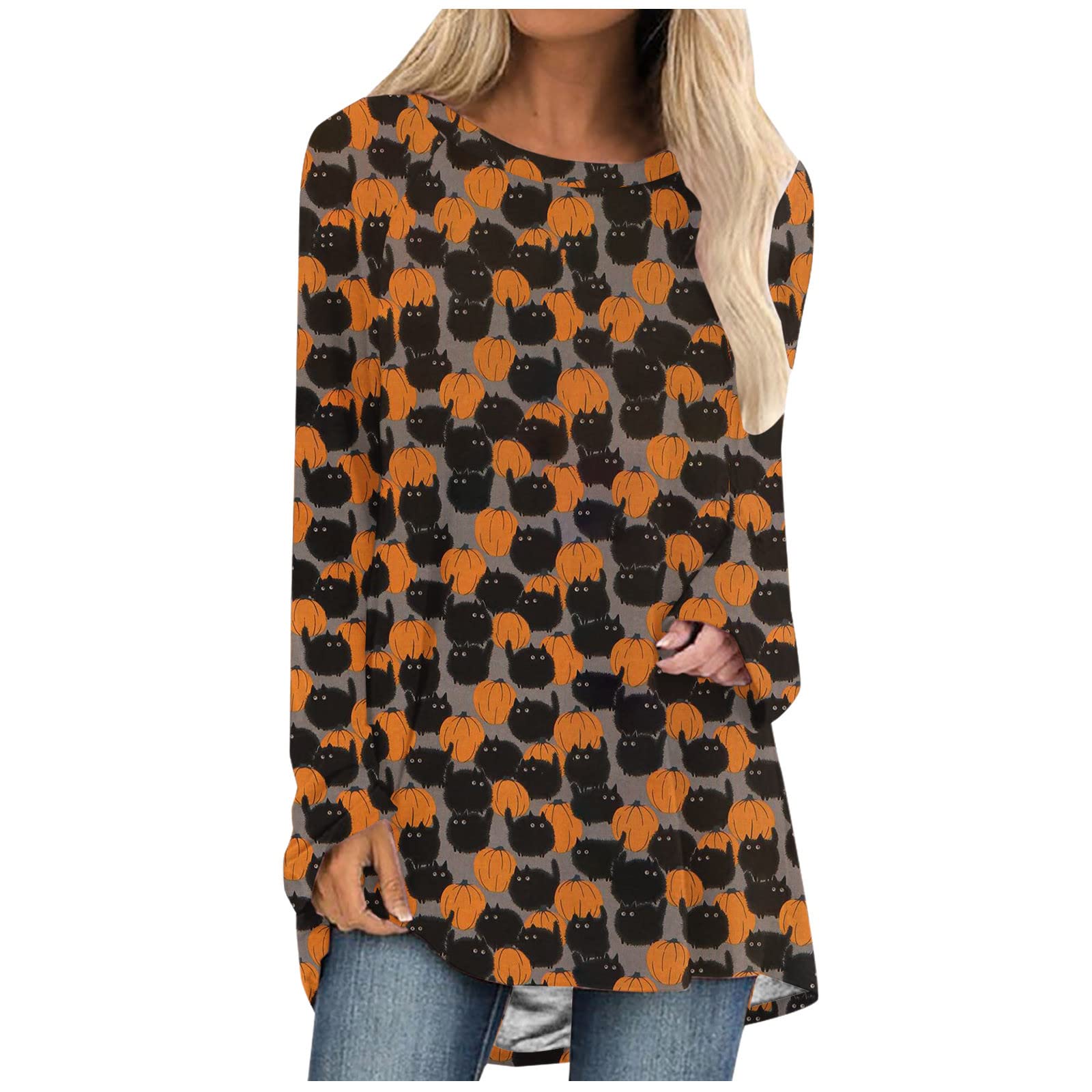 Halloween Women's Cute Pumpkin Black Cat Print Long Sleeve Crewneck Pullover Tunic Top - Fall Loose Fit Casual Shirt for Halloween Parties, Costume Events & Autumn Outfits