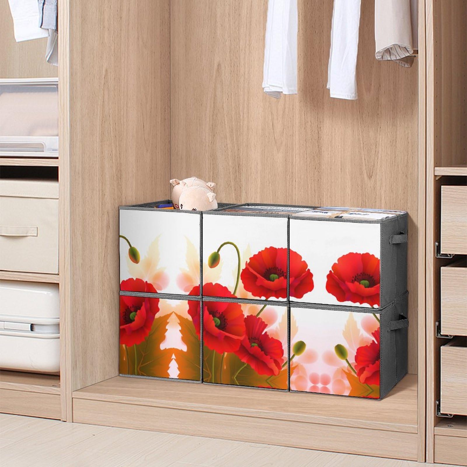 6-Pack Poppy Flower Print Collapsible Storage Bins with Handles - Large Closet Organizer Baskets for Clothing, Toys & Home Organization | Perfect for Bedroom, Nursery & Closet Storage