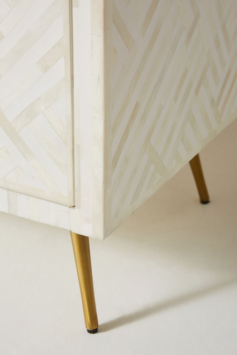 White Optical Bone Inlay Media Console Table - Handcrafted TV Stand with Bone Inlay Design for Living Room, Bedroom & Home Theater Decor