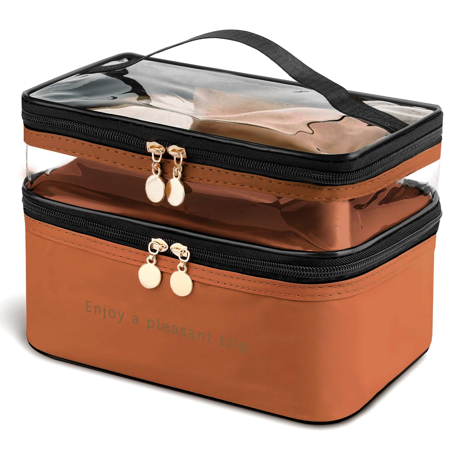 Double Layer Clear Waterproof Makeup Bag with Handle - Travel Cosmetic Organizer for Women, Girls Toiletry Case for Bottles, Brushes & Skincare Products (Brown) - Perfect for Travel, Gym & Daily Essentials Storage