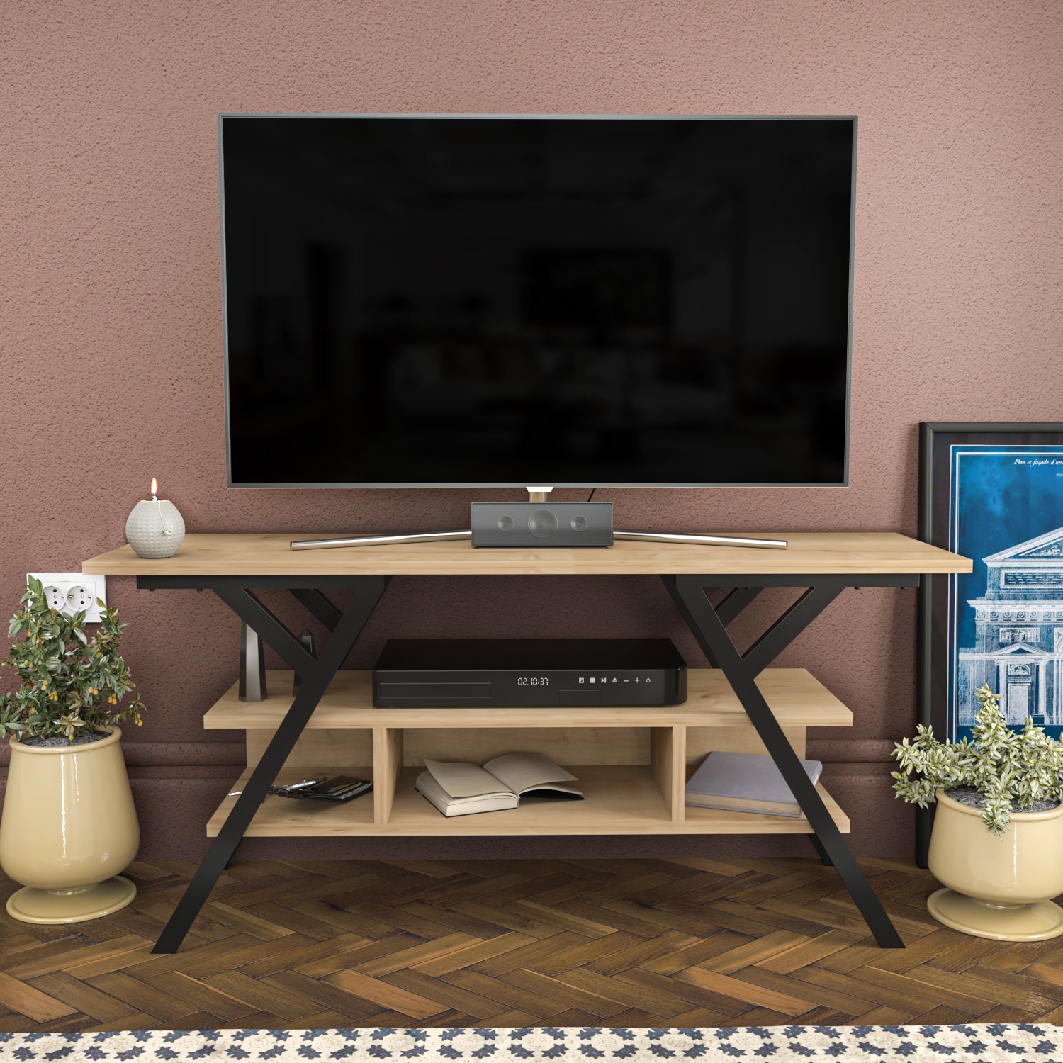 Minerva TV Stand - Modern Entertainment Center with Storage Shelves for Living Room, Bedroom & Home Theater Setup