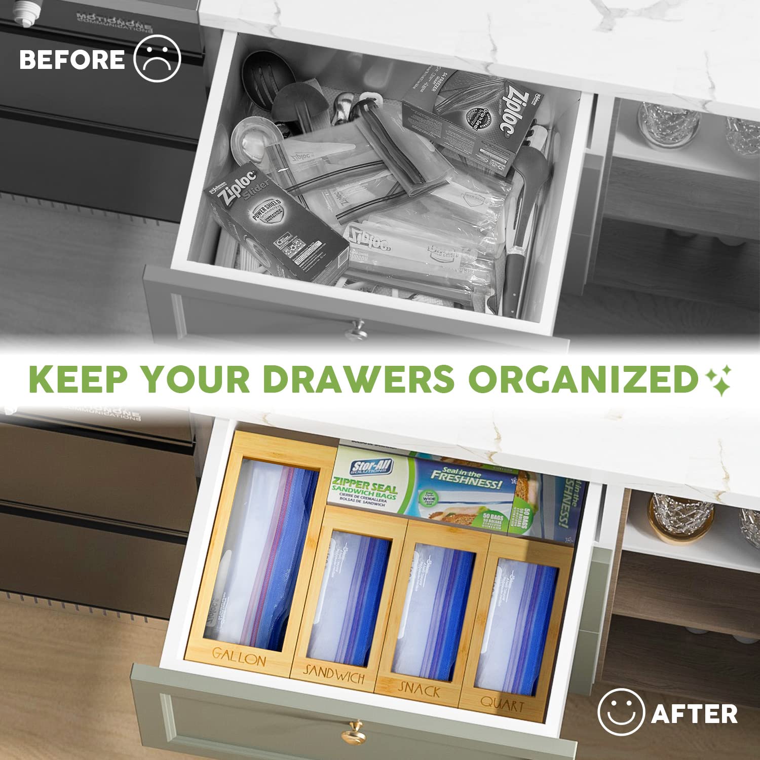 DALSHABET Bamboo Kitchen Drawer Organizer - 4 Compartment Food Storage Bag Holder for Gallon, Snack & Sandwich Bags (12x14 Inches, Beige) | Perfect for Pantry Organization & Meal Prep Storage