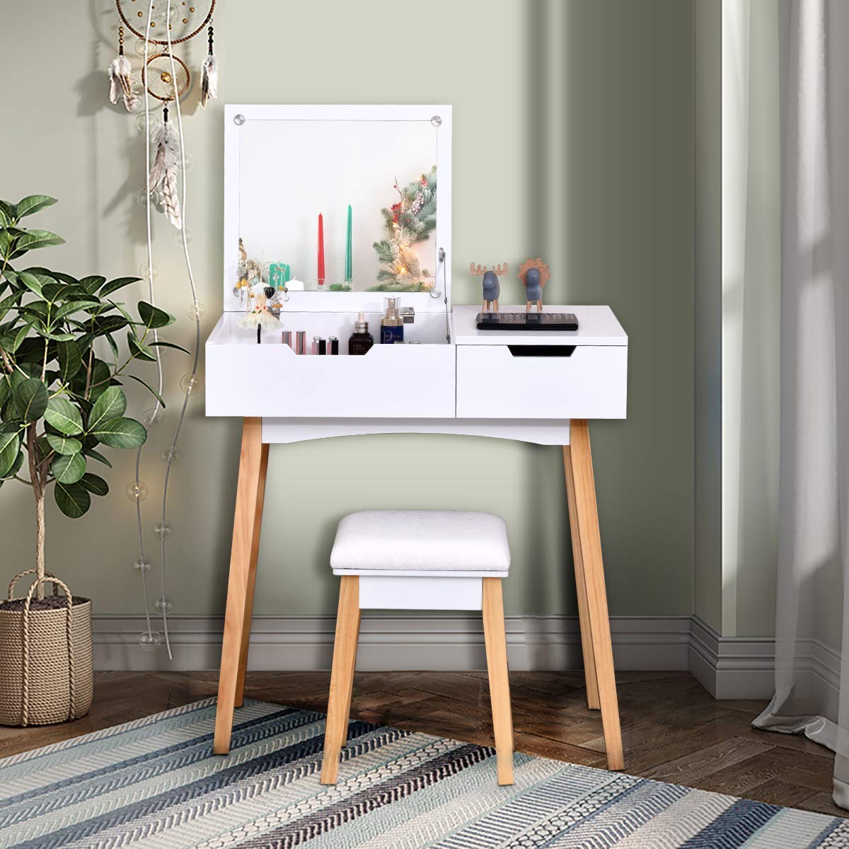 Charmaid White Wooden Vanity Table with Flip Top Mirror & Stool - Makeup Dressing Desk with Drawer & Storage Compartment - Bedroom Writing Vanity Set for Women, Girls & Kids - Easy Assembly - Perfect for Makeup, Dressing & Study Space