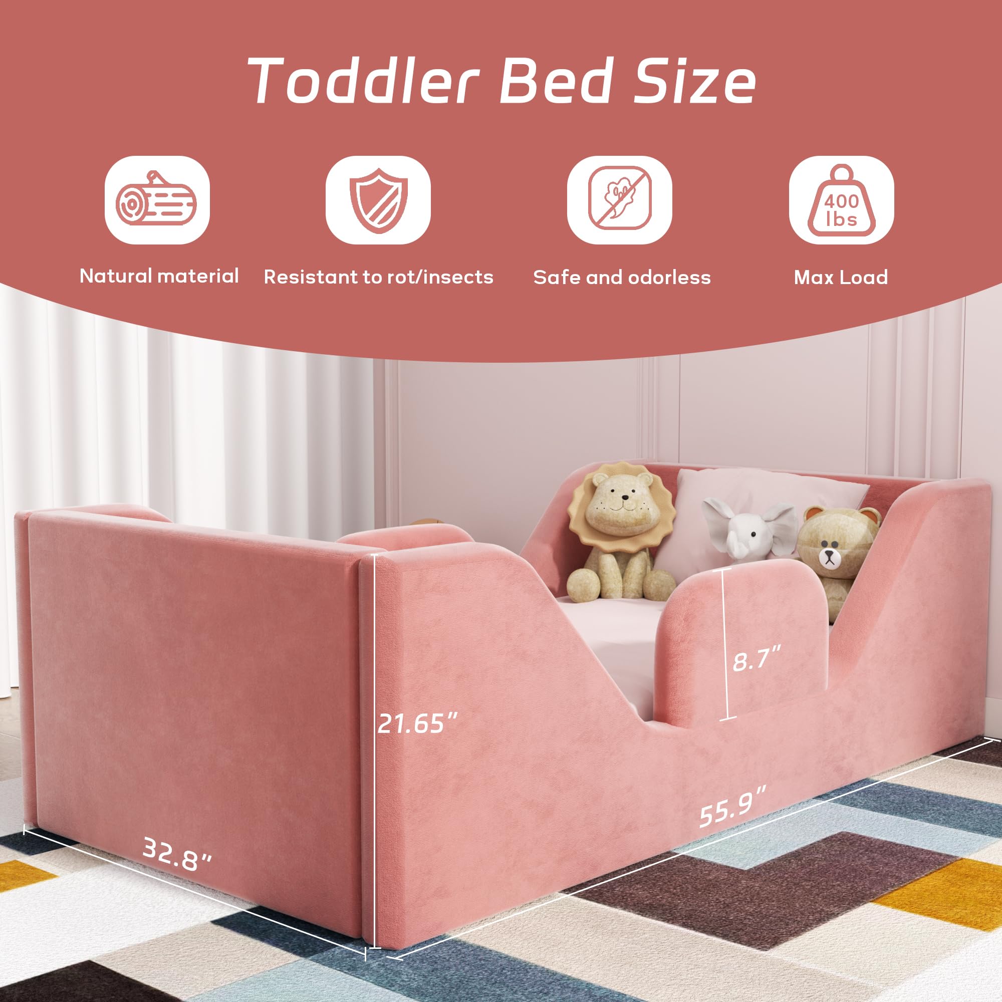 **Toddler Floor Bed with Guard Rails - Safe & Certified Small Bed for Kids Boys & Girls Ages 2-6 Years (Pink) - Perfect for Montessori Bedrooms & Kids' First Big-Kid Bed**