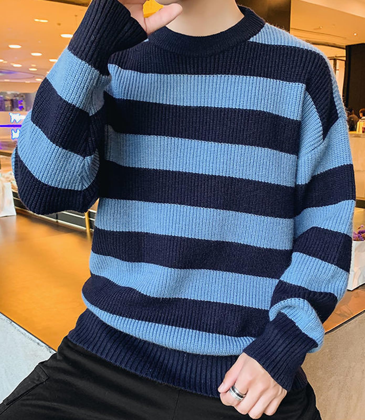 Men's Striped Knit Sweater - Oversized Long Sleeve Pullover for Autumn Winter Fashion | Casual Wear & Layering