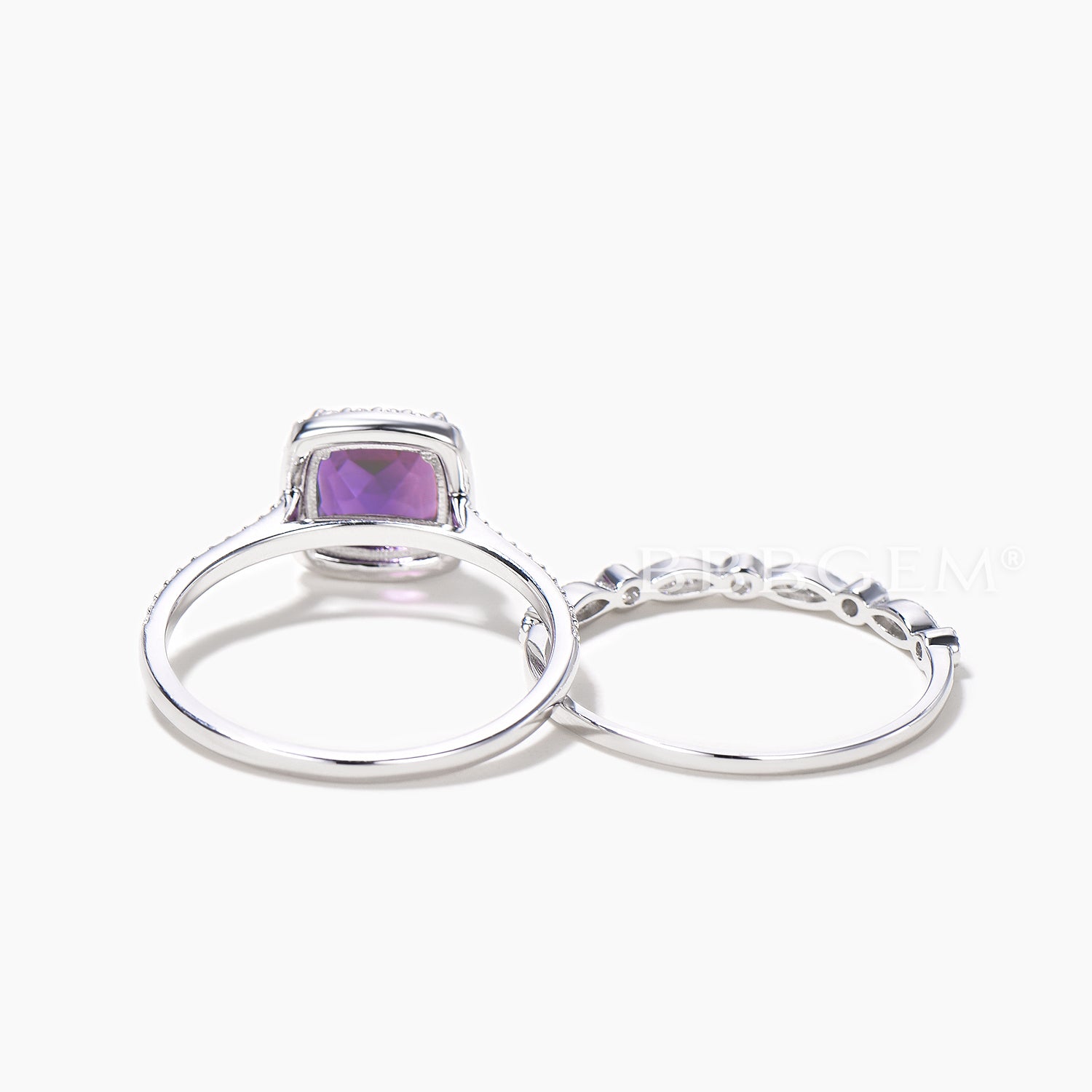 2pcs 8mm Cushion Cut Amethyst Halo Engagement Ring with Diamond Accents & Milgrain Detailing - Vintage Inspired Bridal Ring Set for Wedding, Proposal & Anniversary Gifts
