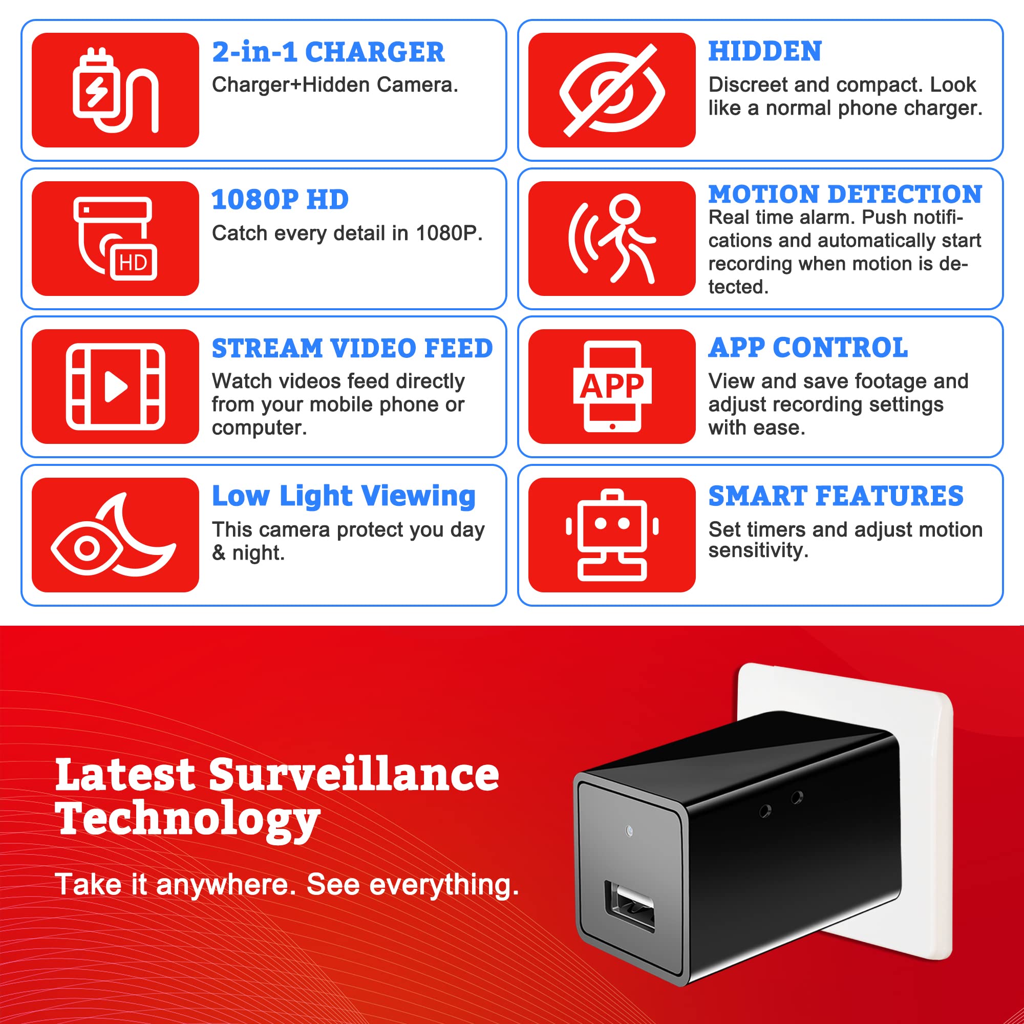 1080P WiFi Hidden Spy Camera - Mini USB Charger Security Camera with Motion Detection & Remote App Control | Wireless Home Surveillance, Nanny Cam for Baby Monitoring, Pet Watching & Office Security