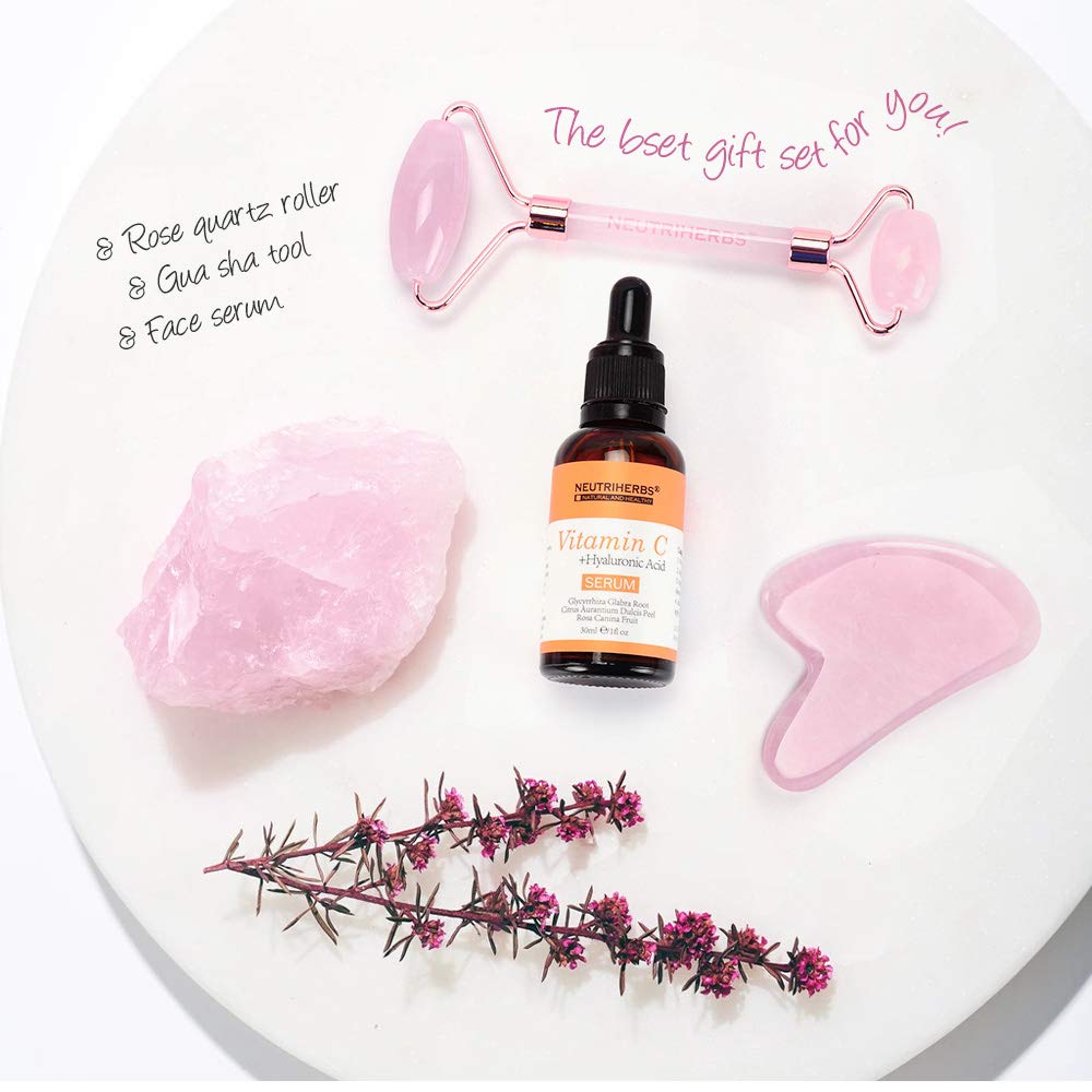 Neutriherbs 3-in-1 Jade Gua Sha & Face Roller & Vitamin C Serum Set - Anti-Aging Facial Massage Tools for Wrinkles, Fine Lines, Puffiness - Skin Firming & Relaxing Home Spa Kit (Pink) | Perfect for Morning Routine, Night Skincare & Self-Care Gifts
