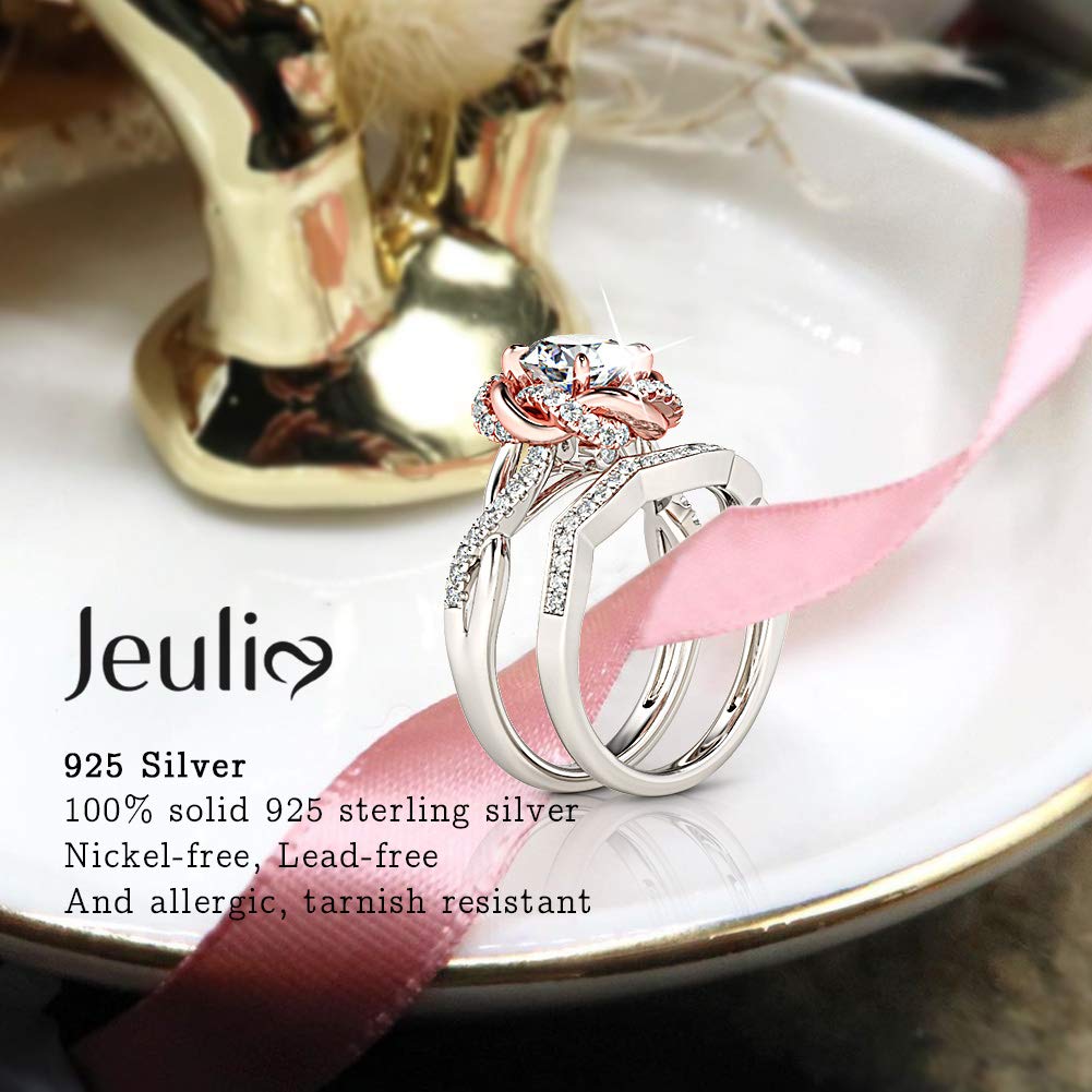 Jeulia Halo Solitaire Engagement Ring for Women - Sterling Silver Floral Diamond Ring with Rose Gold Plating, Round Cut Bridal Set, Anniversary & Promise Ring - Perfect for Proposals, Weddings, Anniversaries & Special Occasions