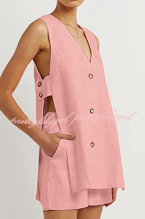 Edna Linen Blend Button Down Vest & Elastic Waist Shorts Set - Women's Casual Loose Fit Outfit with Slit Design & Pockets for Summer, Beach, and Vacation Wear