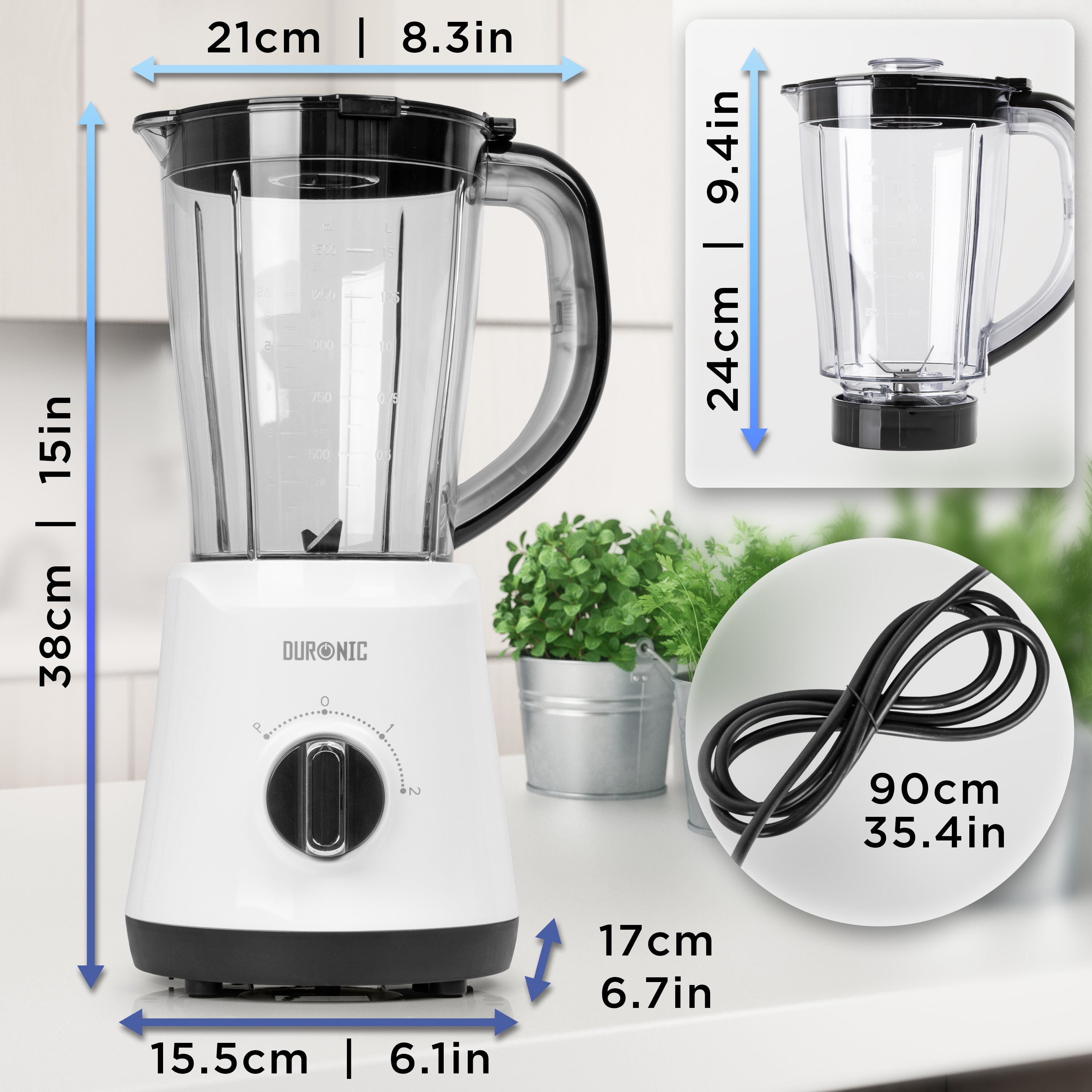Duronic BL16 500W Electric Blender - 1.5L BPA-Free Jug for Smoothies, Protein Shakes, Ice Slushies, Baby Food & Soups - Removable Blades with Pulse Function - Perfect for Kitchen, Gym & Healthy Lifestyle