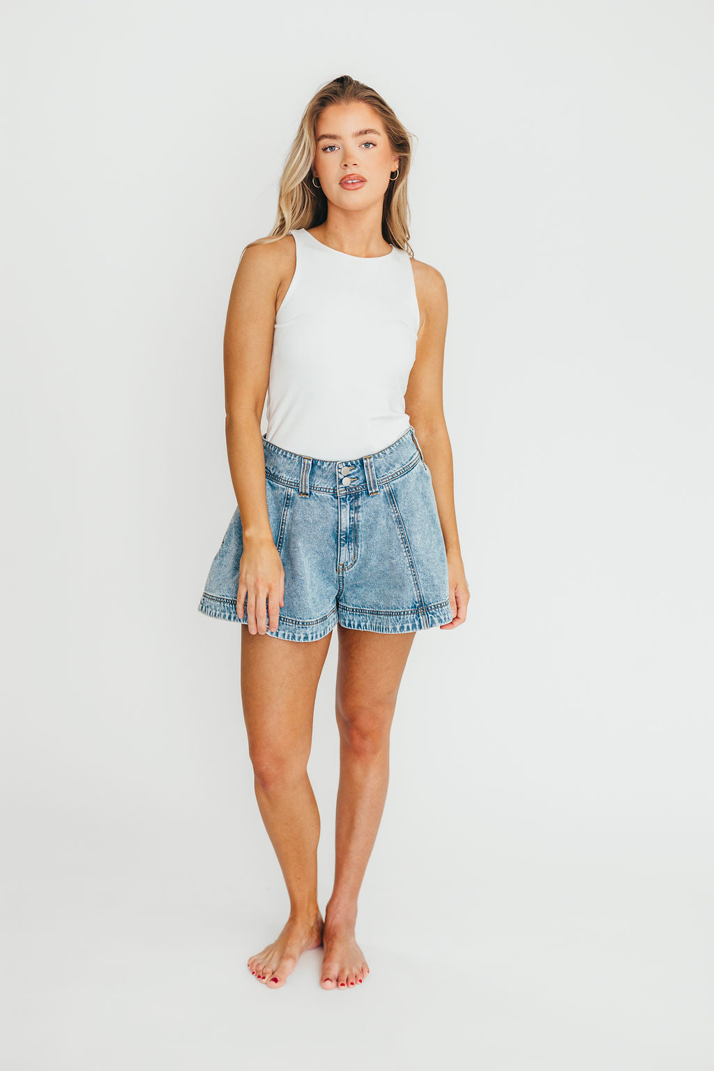 Helena Washed Denim Skort for Women - High Waisted Stretch Denim Skirt with Shorts - Perfect for Casual Outfits, Summer Dresses & Outdoor Activities