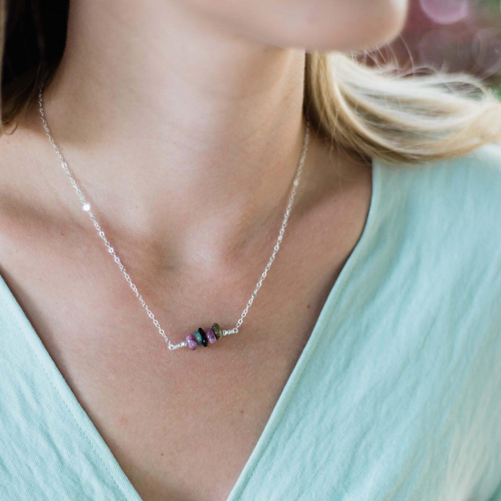 Natural Tourmaline Chip Bead Bar Necklace for Women - Healing Crystal Jewelry for Energy Balancing, Chakra Alignment & Spiritual Protection | Perfect for Meditation, Yoga & Everyday Wear