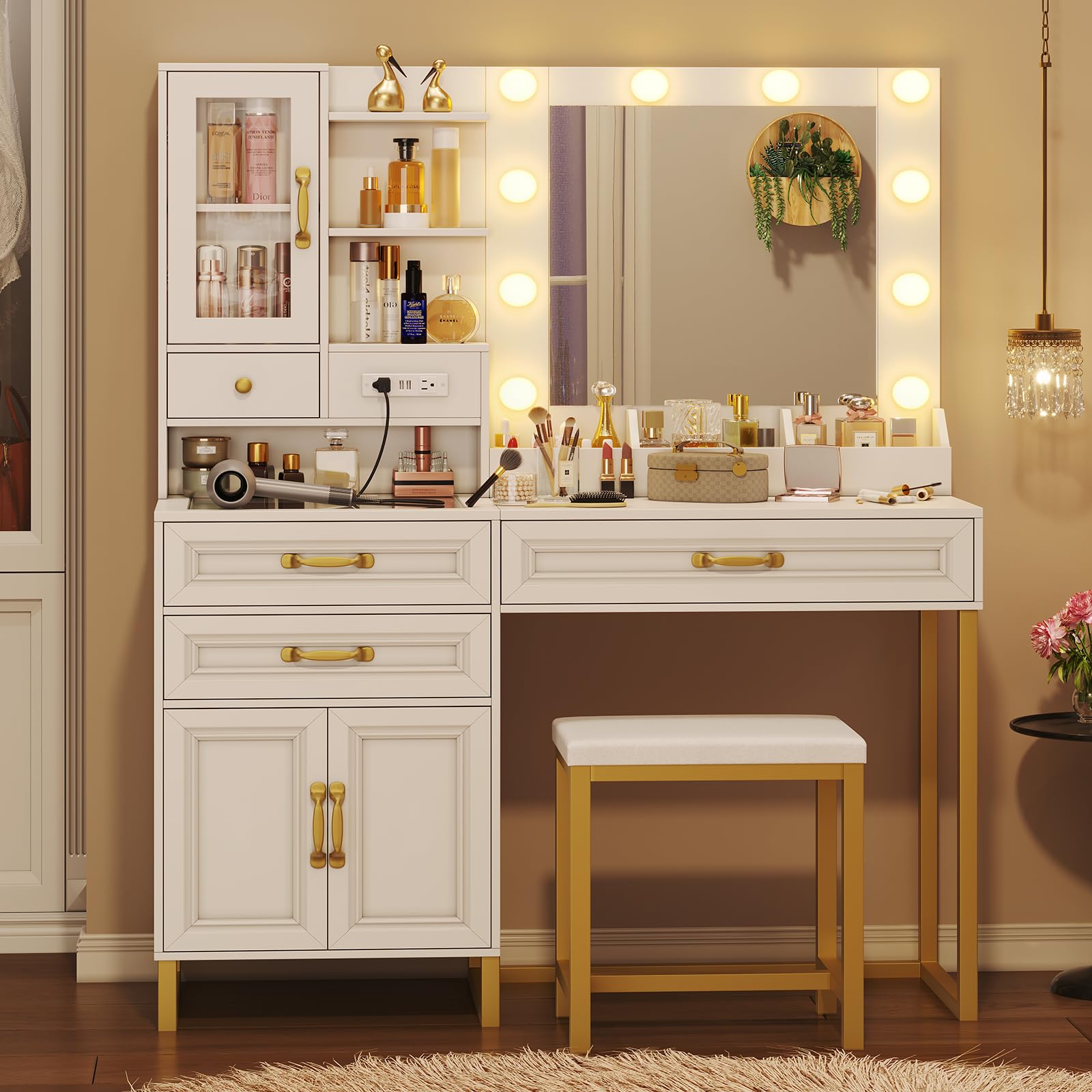 Modern White & Gold Makeup Vanity Desk Set with Mirror, LED Lights, Charging Station & Stool - Glass Top Storage Drawer & 3 Shelves for Bedroom, Dressing Room or Beauty Salon
