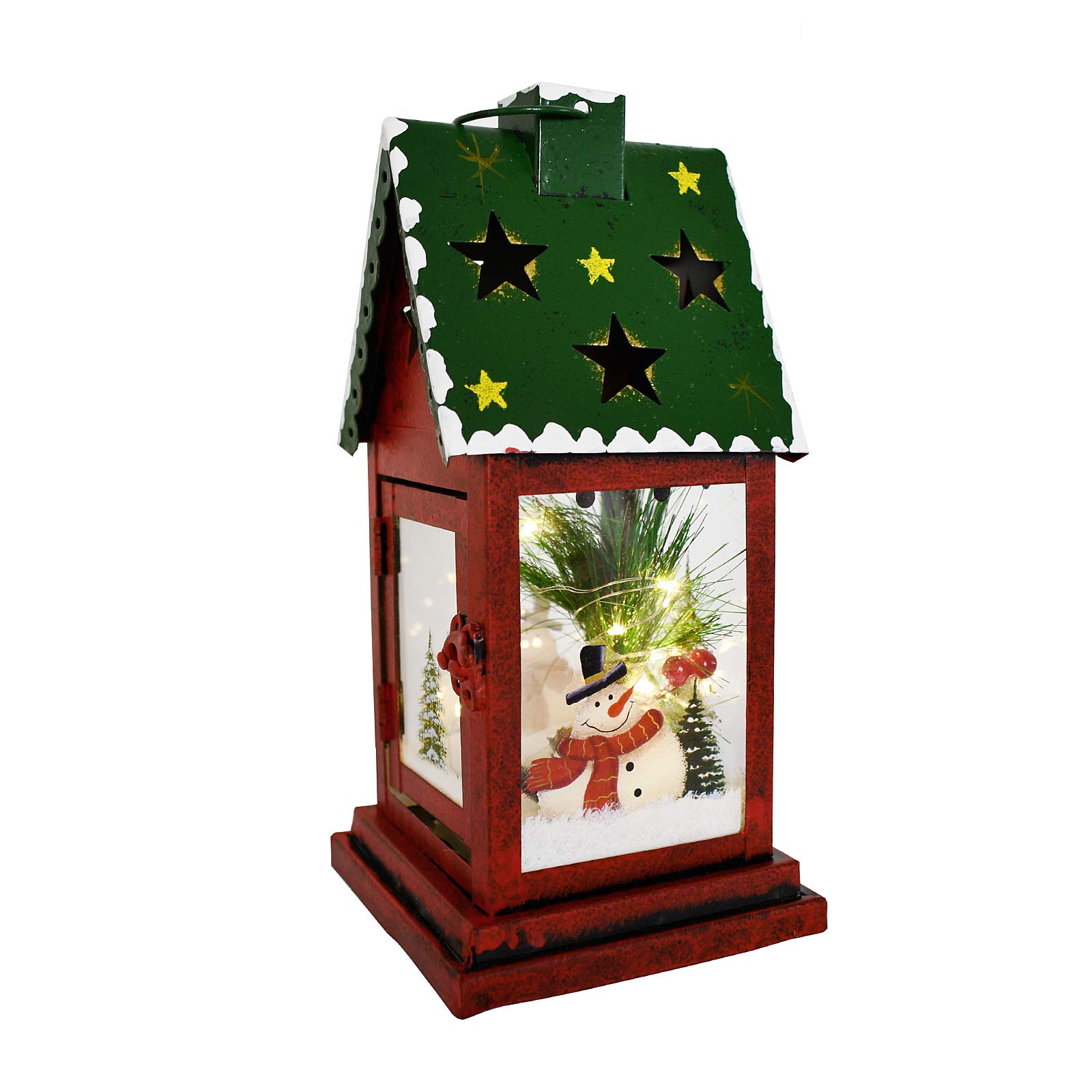 Rustic Metal LED Christmas Lantern Decor - Battery Operated Indoor/Outdoor Hanging & Tabletop Holiday Decorations (10x4.6x4.6 Inches, Green) | Perfect for Fireplace Mantel, Porch, Patio, Garden & Christmas Table Centerpiece