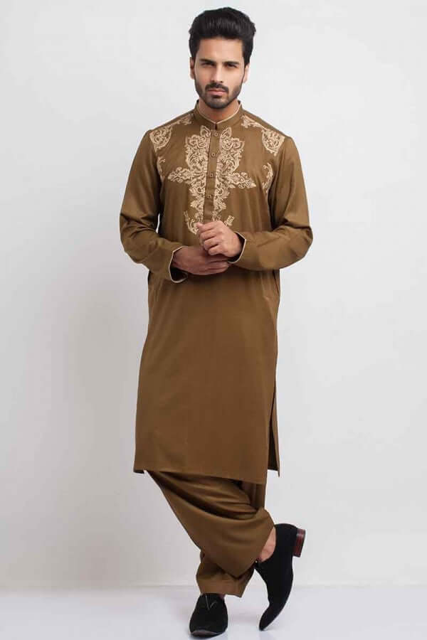 Exquisite Brown Thread Embroidered Shalwar Kameez - Traditional Pakistani Outfit for Women - Perfect for Weddings, Festivals & Special Occasions