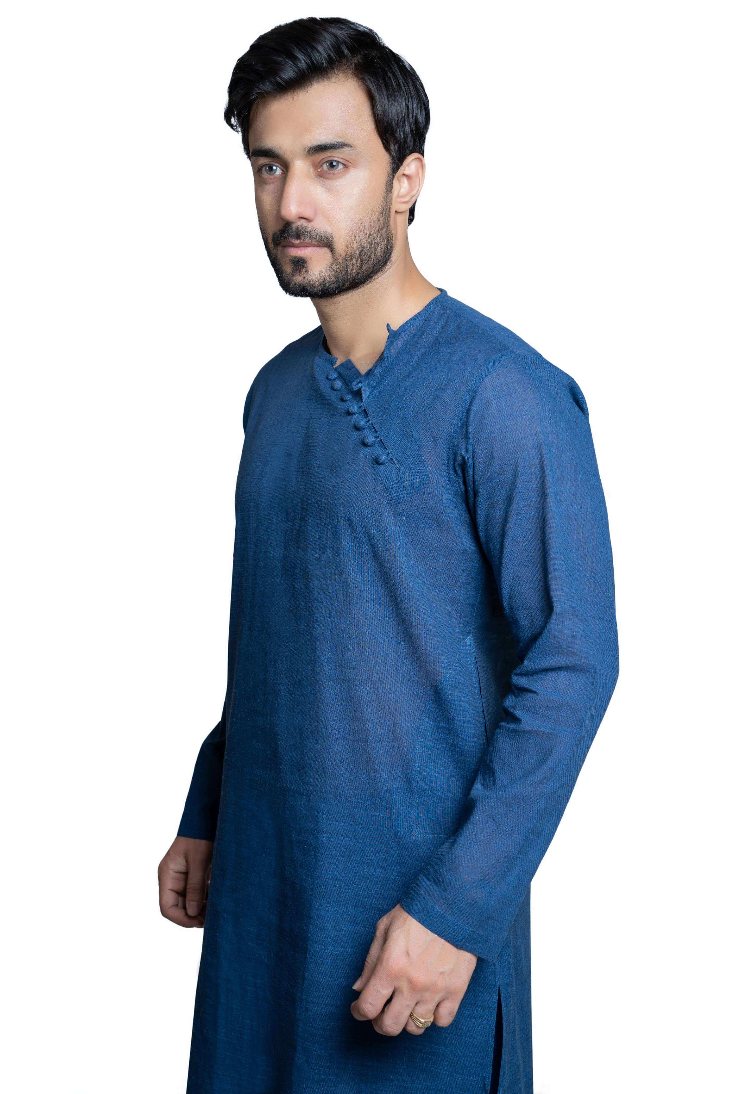 Handwoven Pure Cotton Side Slit Blue Kurta Pajama Set for Men - Comfortable Traditional Indian Ethnic Wear for Festivals, Weddings & Casual Outings