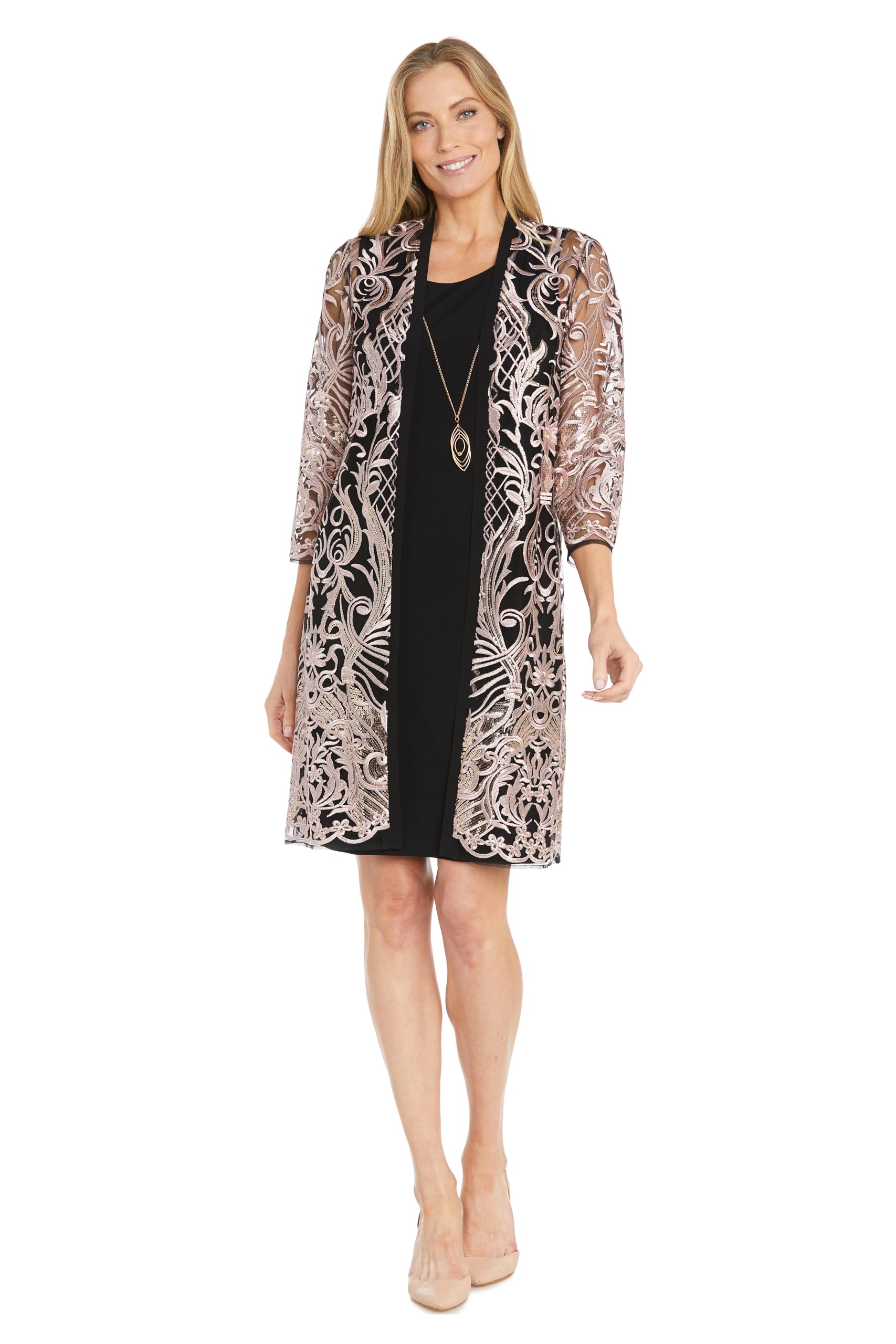 R&M Richards 2-Piece Contrast Duster Jacket Dress with Embroidery & Sequin Embellishments - Elegant Women's Formal Outfit for Weddings, Parties & Special Occasions