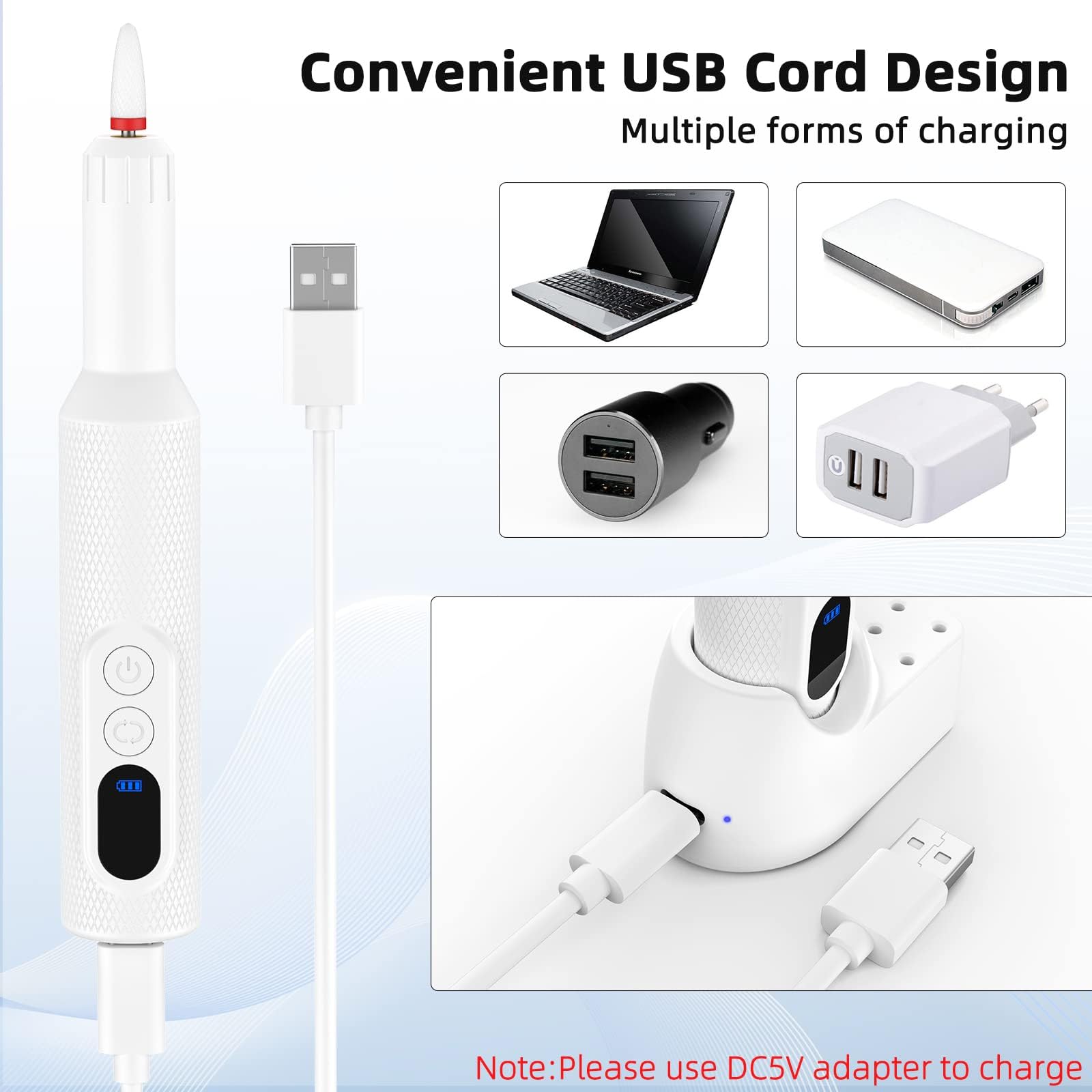 USB Electric Nail Drill Kit - Portable Manicure Pedicure Tool for Acrylic Nails (White) | Salon & Home Use