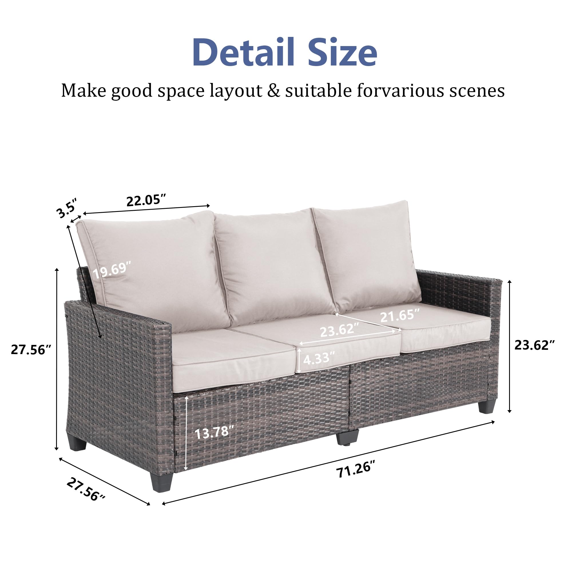 All Weather Wicker Patio Couch - 3-Seater Outdoor Sofa with High Curved Back, Durable Brown Rattan & Thick Cushions - Perfect for Garden, Backyard, Porch, Poolside & Patio Furniture (Beige)