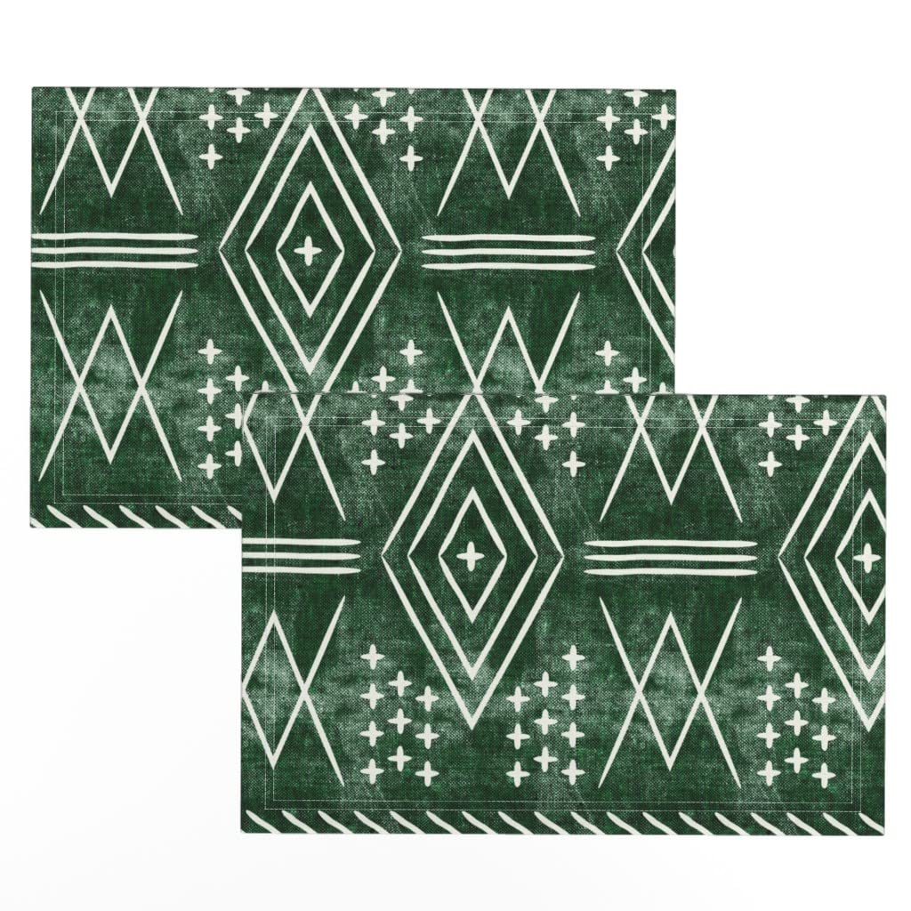 Linen Cotton Canvas Placemats Set of 2 - Vintage Green Boho Tribal Arrow Print Textured Table Mats for Dining Room, Kitchen Decor, and Bohemian Home Styling