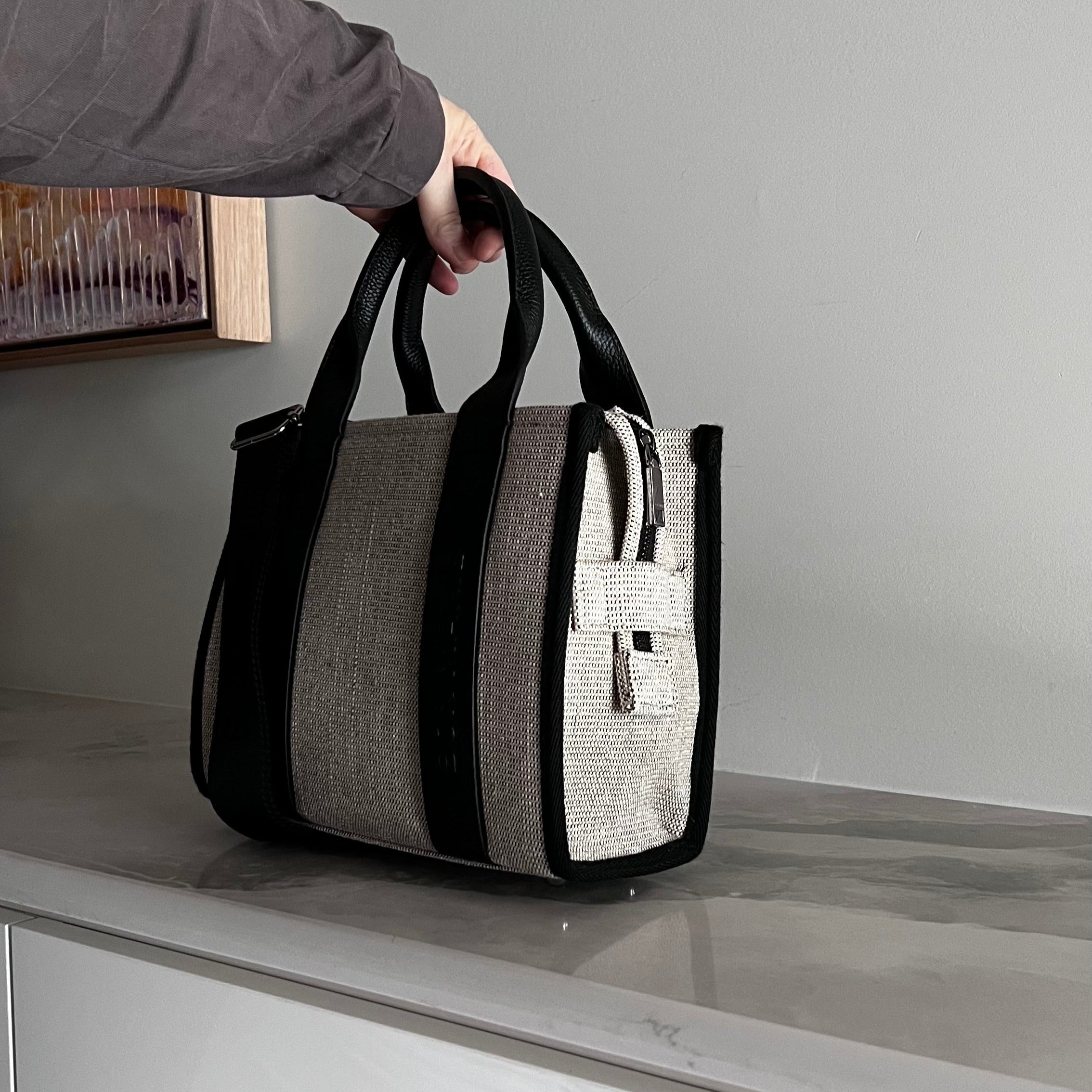 Stylish Micro Bon Vivant Structured Tote Bag - Premium Jute & Black Leather - Perfect for Work, Travel & Everyday Use