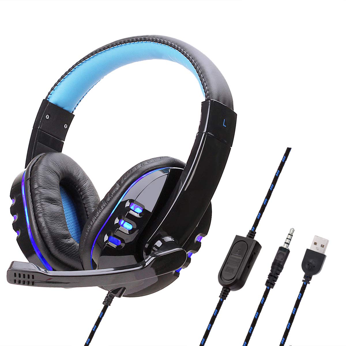 YINSY Gaming Headset with Noise Cancelling Mic - Wired Over-Ear Headphones with LED Lights & Volume Control - Compatible with PS4, Switch, PC - Perfect for Gaming, Streaming & Online Classes (Black/Blue)