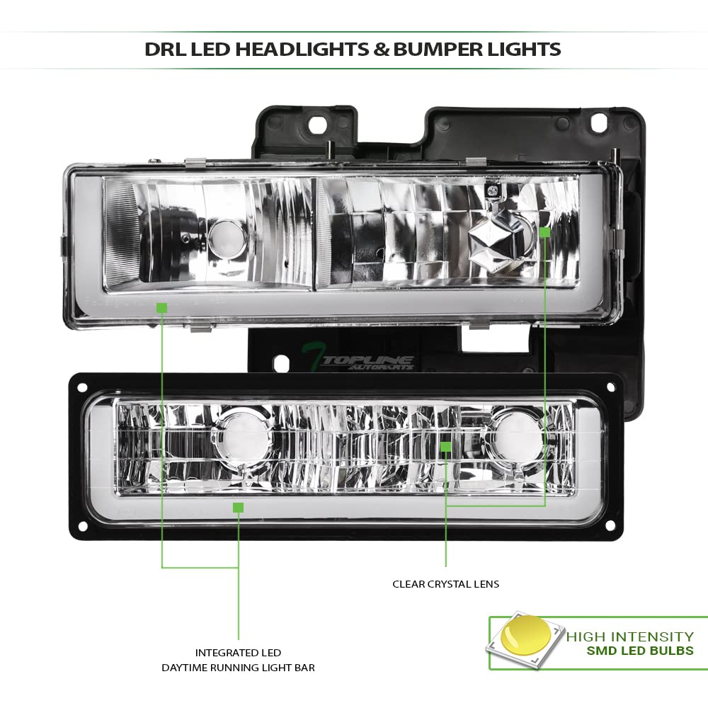 1988-2000 Chevy GMC C10 C/K Pickup Suburban Silverado Sierra Tahoe Yukon LED DRL Strip Bar Chrome Headlights with Turn Signal Bumper Lights - Upgrade for Night Driving & Off-Road Adventures
