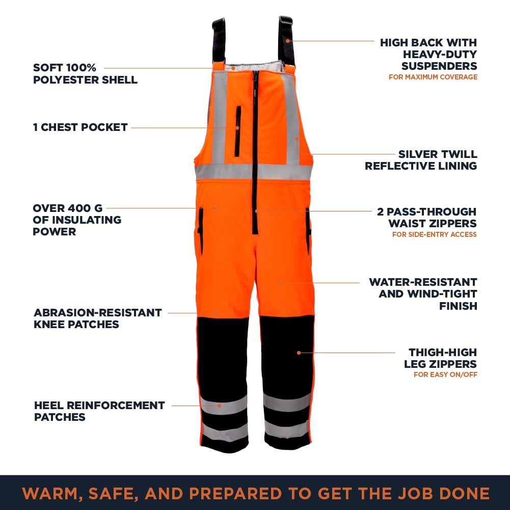 RefrigiWear Men's HiVis Insulated Softshell High-Bib Overalls -20°F (-29°C) | Cold Weather Workwear for Construction, Hunting & Outdoor Jobs | High Visibility Winter Coveralls for Safety & Warmth