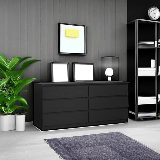 Tvilum 6-Drawer Double Dresser in Black Woodgrain - Modern Bedroom Storage Solution for Clothes & Accessories
