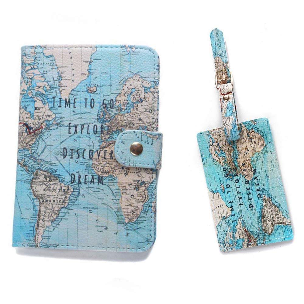 World Map Passport Cover with Matching Luggage Tag - RFID Blocking Travel Wallet with Card Slots & Document Holder - Secure Snap Closure Button - Perfect for International Travel, Business Trips & Vacation Accessories