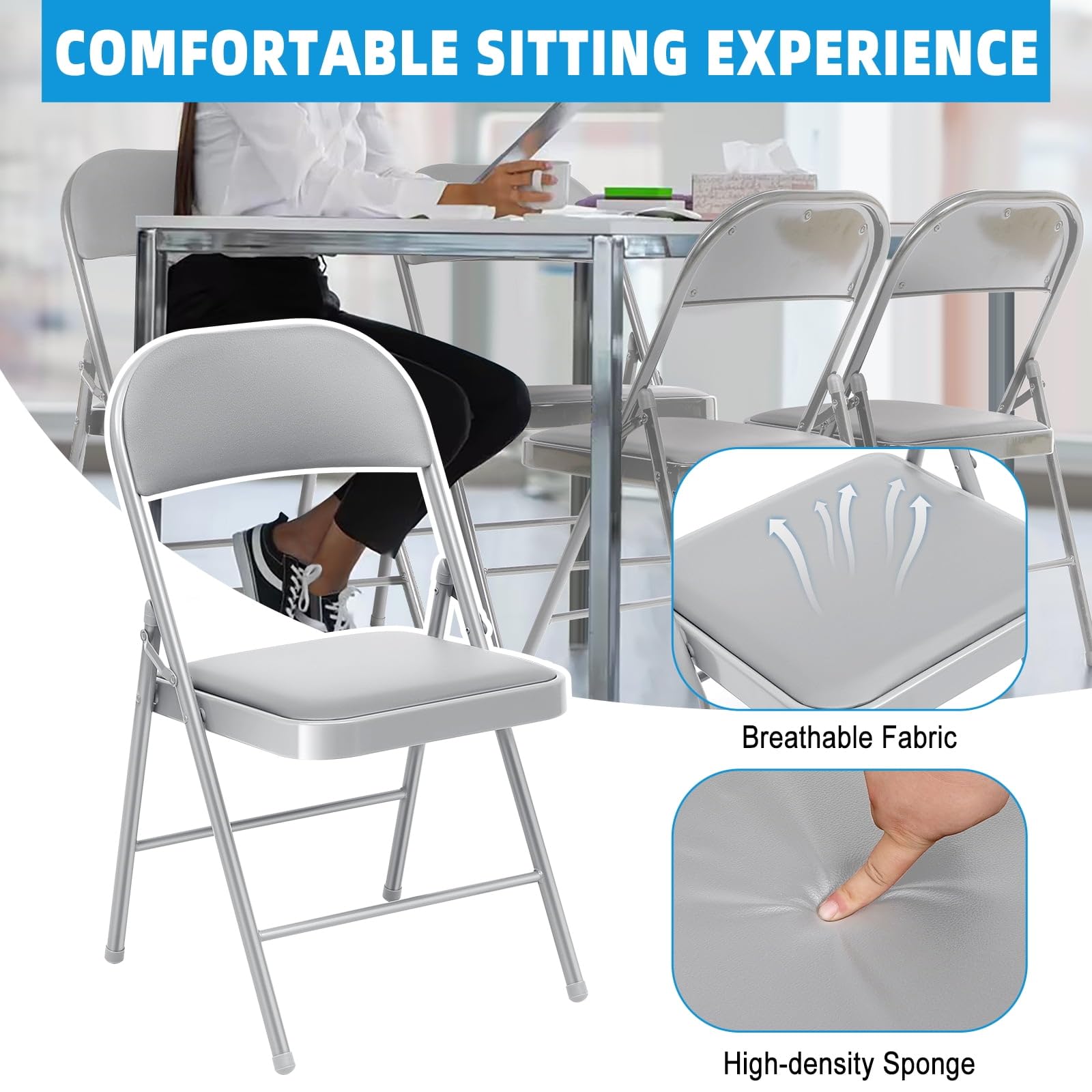 4 Pack Gray Folding Chairs with Padded Seats - Indoor & Outdoor Use for Events, Office, Wedding, Party - Portable Stackable Leather Folding Chairs (Slate Gray) - Perfect for Home, Camping, Picnics & Backyard Gatherings