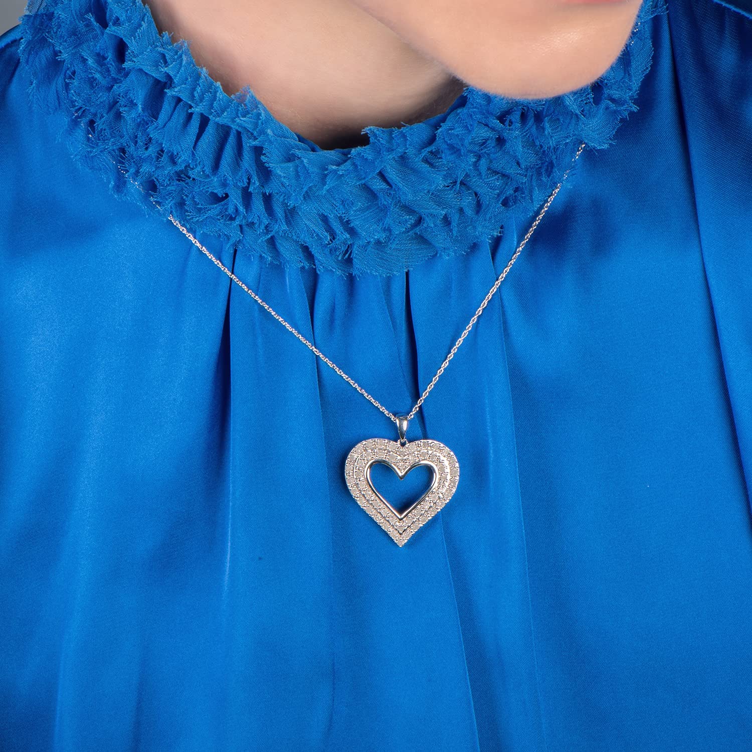 Jewelili Sterling Silver Heart Pendant Necklace for Women - 1 CTTW Natural White Round Diamond Jewelry with 18