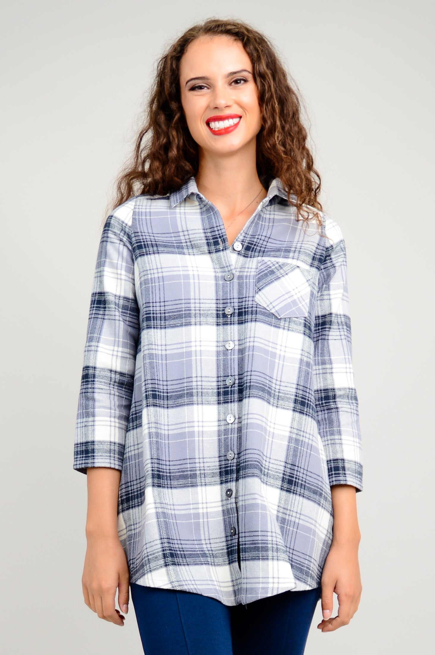 Celine Tunic - Charcoal Plaid Cotton Flannel Shirt for Women | Cozy Fall & Winter Layering Piece for Office or Casual Outfits
