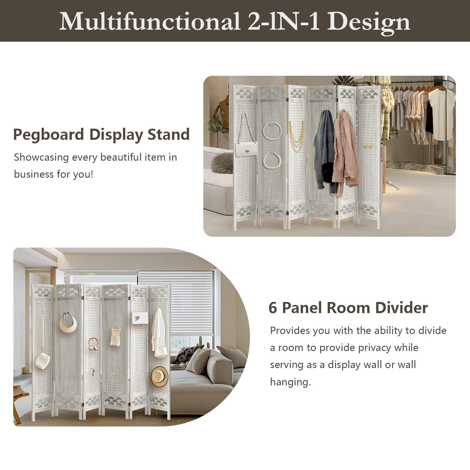 6 Panel Wooden Room Divider with Pegboard & 24 Hooks - Portable Folding Privacy Screen for Craft Shows, Jewelry Displays, Home & Store Organization - Perfect for Bedroom Partition, Retail Displays & Event Booths
