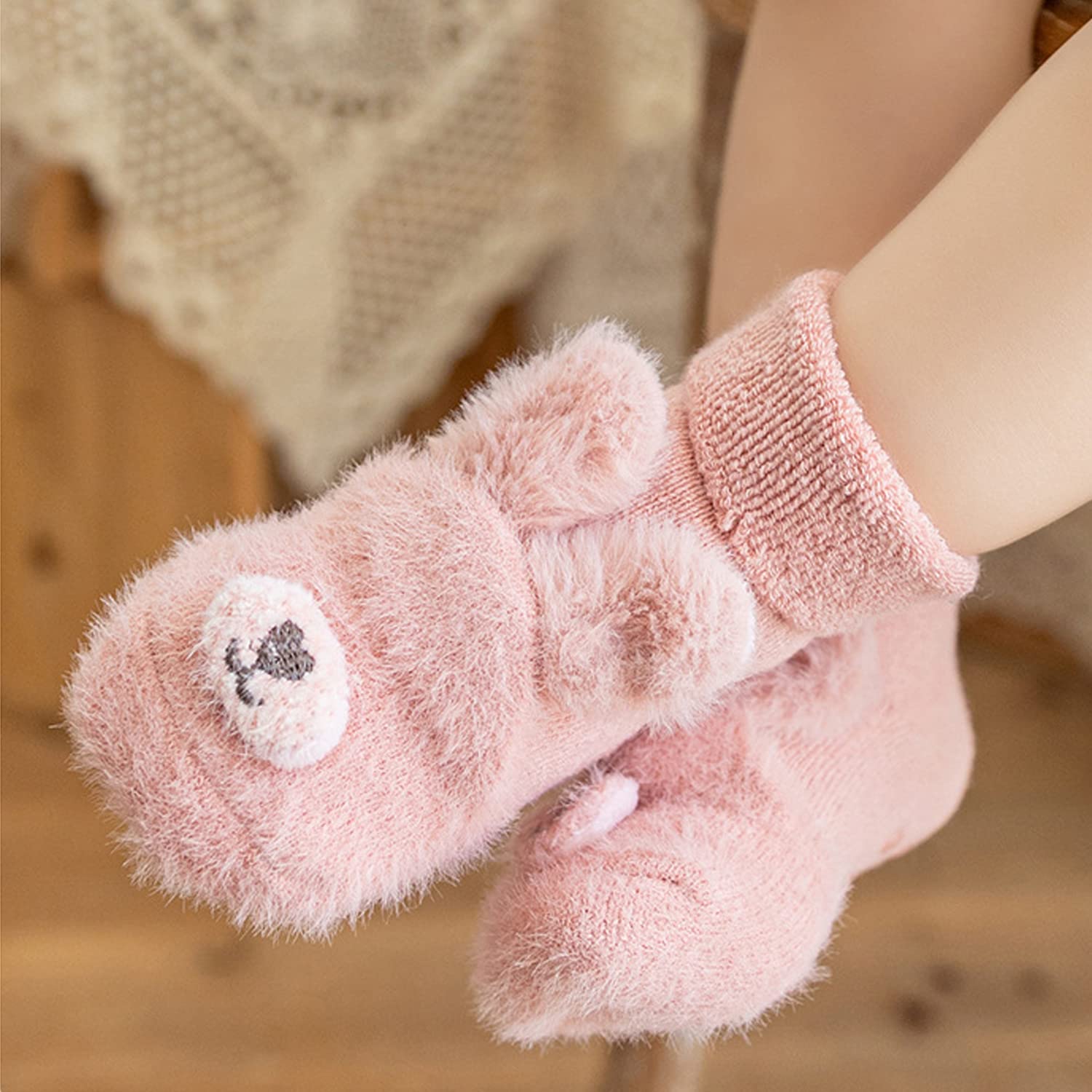 Thermal Baby Socks for Toddlers 1-3 Years - Non-Slip Grip Ankle Socks with Cute Rabbit Design | Warm Fuzzy Winter Socks for Boys & Girls | Soft Velvet Indoor Booties for Playtime & Nursery