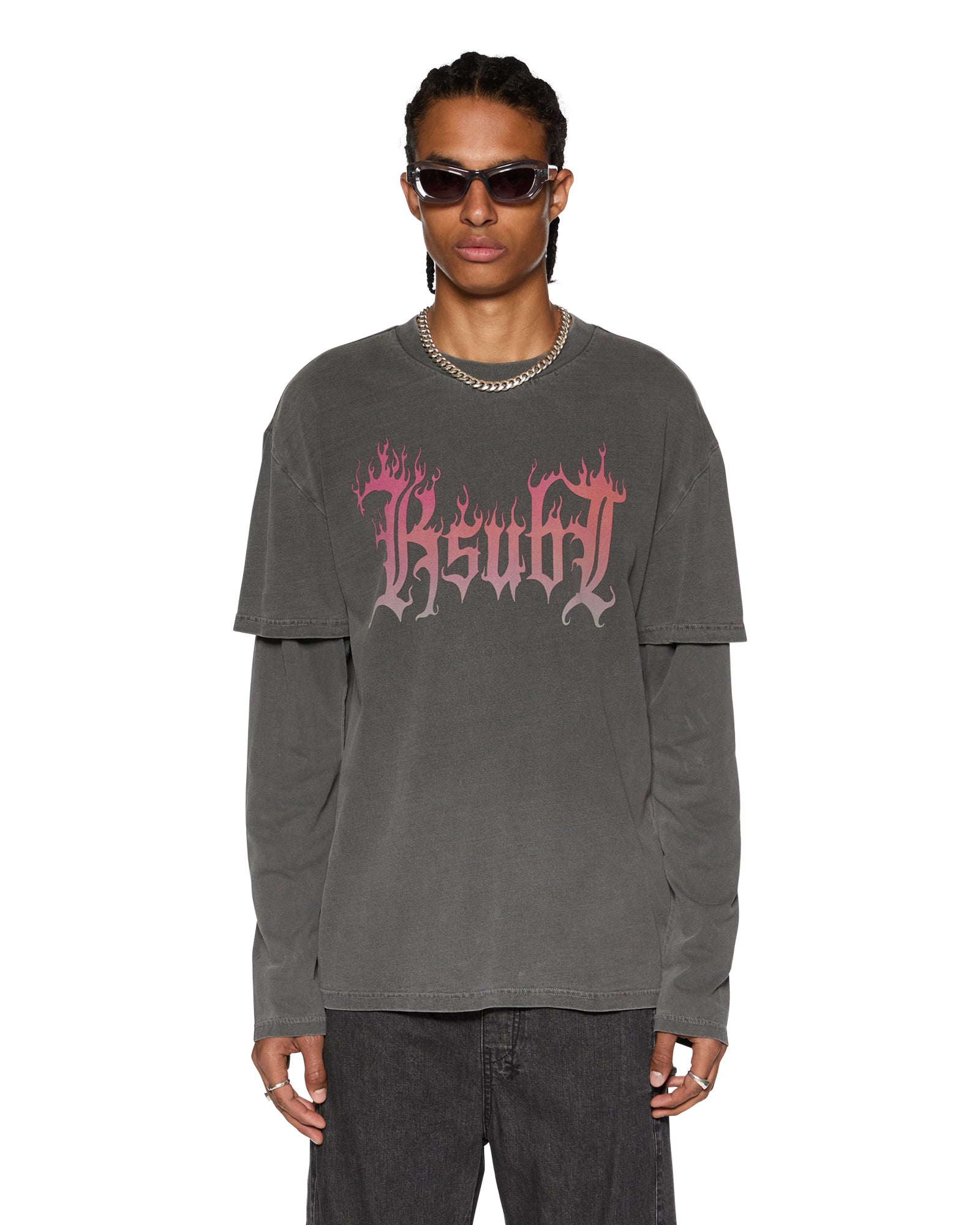 FUEGO Layered Long Sleeve T-Shirt for Men - Charcoal Gray Casual Streetwear Top for Everyday Wear & Urban Fashion