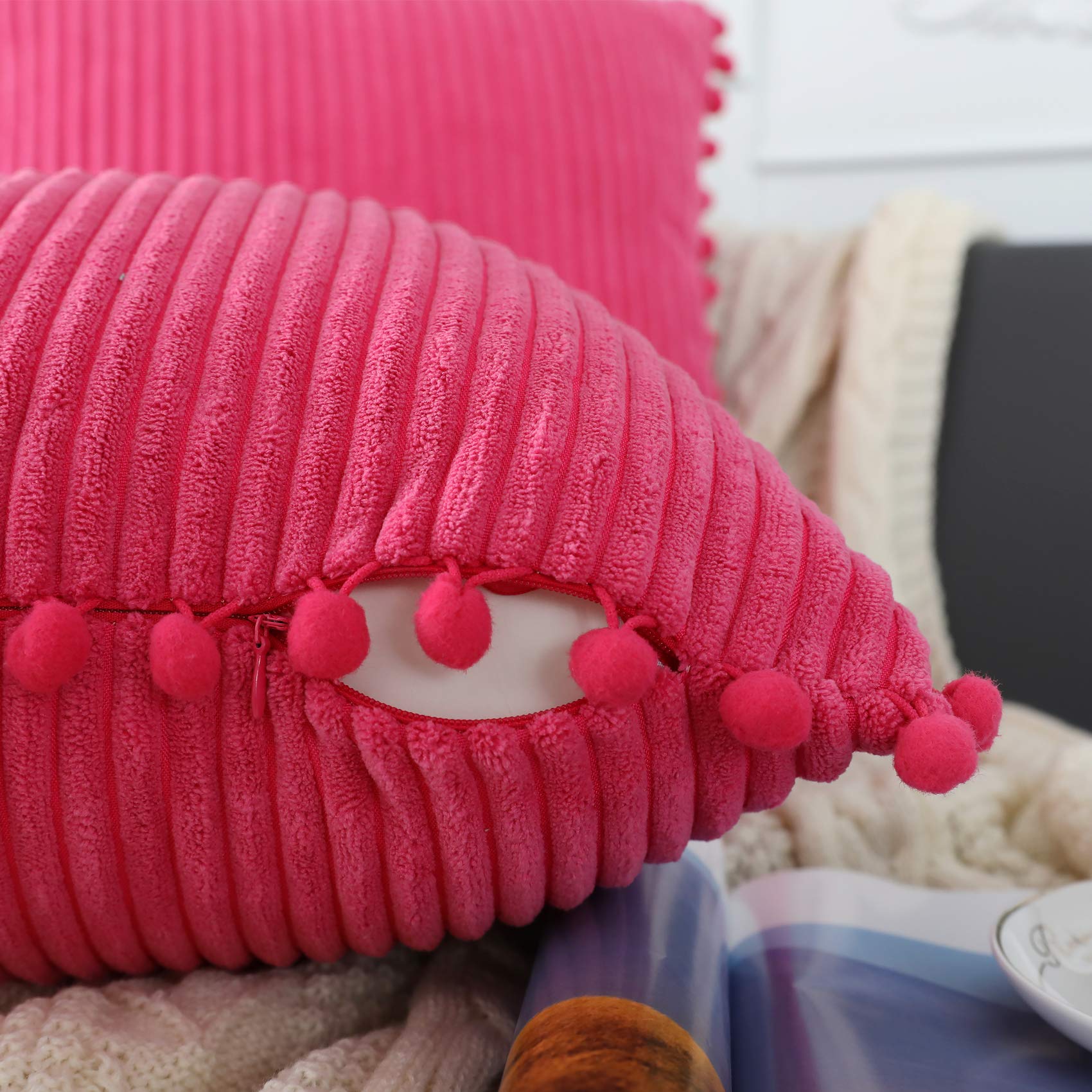 Soft Striped Boho Farmhouse Decorative Throw Pillow Covers 20x20 Inch - Hot Pink with Pom Poms (Pack of 2) for Couch, Sofa, Bed, Chair & Outdoor Use - Perfect for Living Room, Bedroom & Patio Decor