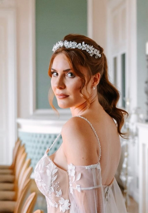 Elegant White Porcelain Floral Pearl Bridal Headband Tiara - Perfect for Weddings, Prom, and Special Occasions