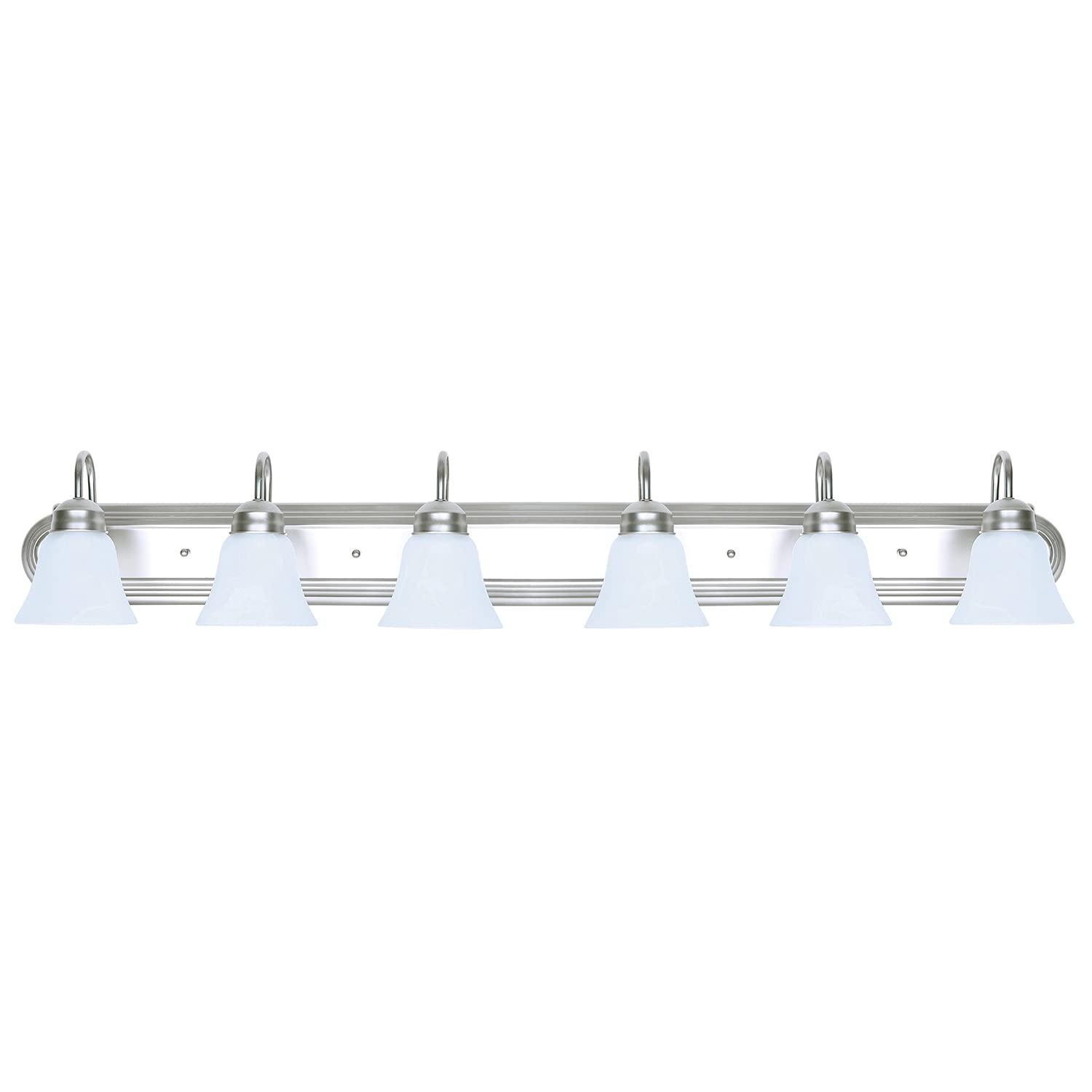 F3566-53 Sunset Lighting Vanity Light Fixture - 6-Light Alabaster White Raceway Bathroom Sconce with Satin Nickel Finish for Bedroom & Bathroom Makeup Mirror Lighting