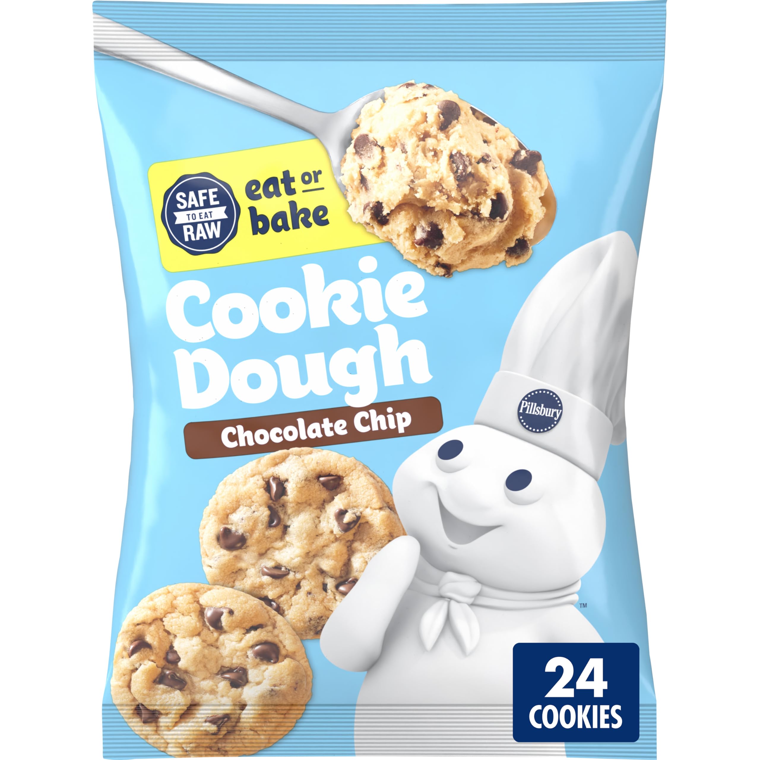 Pillsbury Chocolate Chip Cookie Dough - Ready to Bake or Eat, 16 oz (Makes 24 Cookies) - Perfect for Parties, Snacks & Holiday Baking