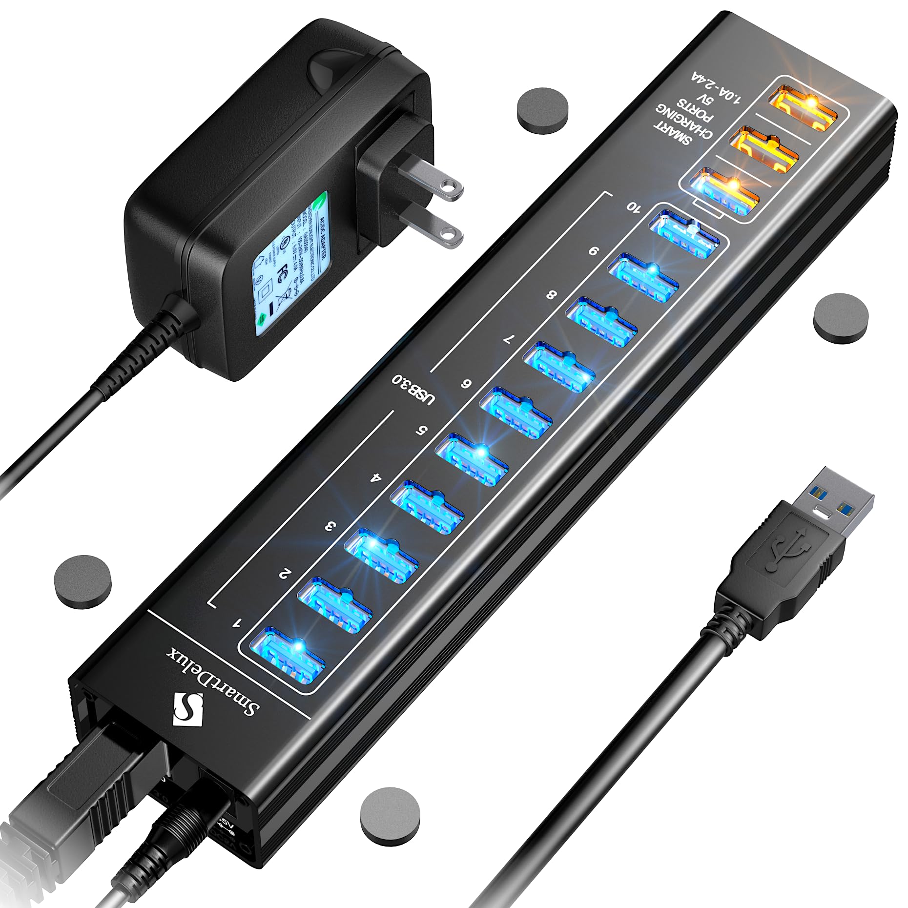 SmartDelux 13-Port USB 3.0 Hub with Power Adapter & Fast Charging for Home/Office