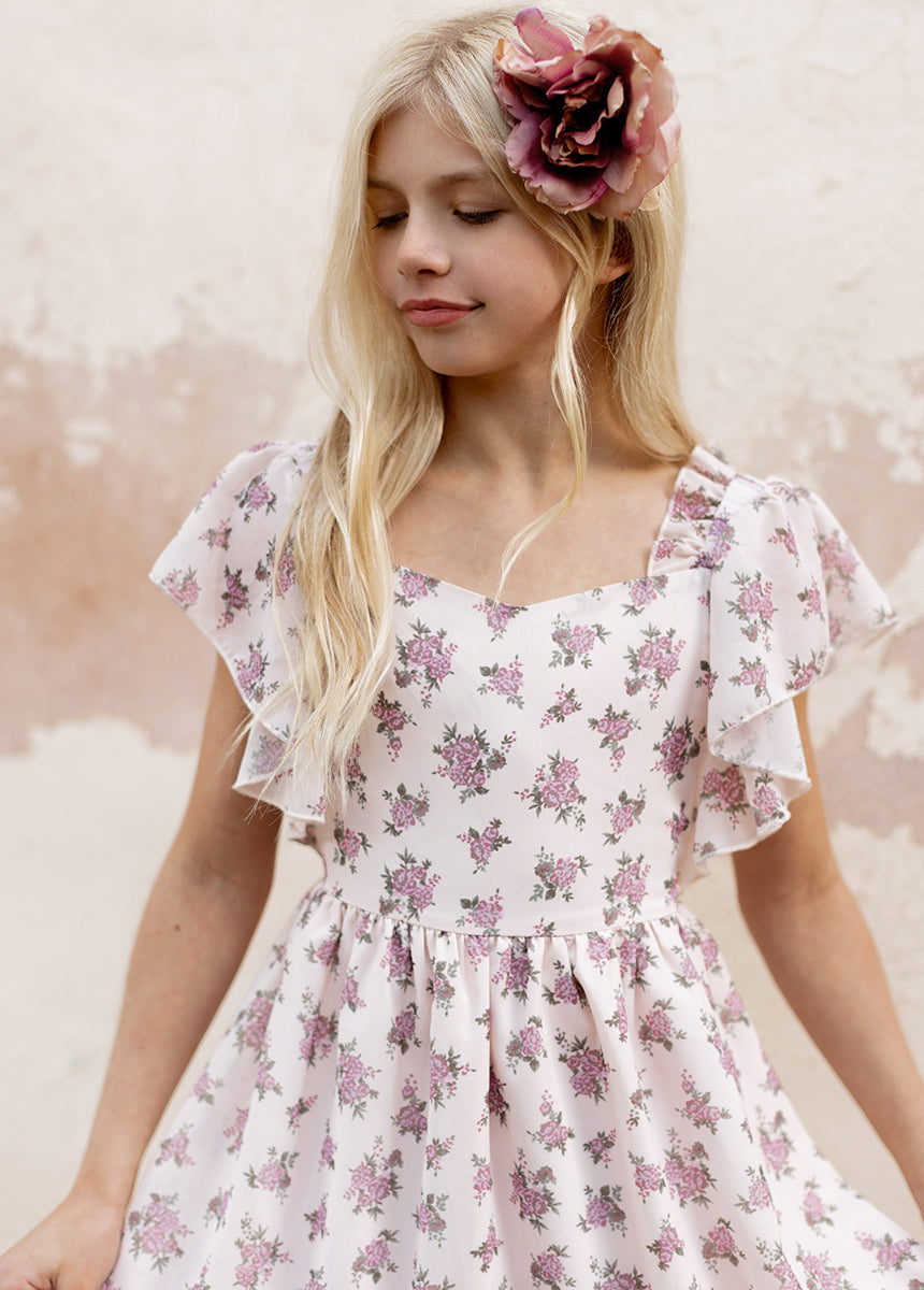Dimia Women's Lilac Ditsy Floral Dress - Elegant Flowy Midi Dress with Short Sleeves for Spring Summer, Wedding Guest, Date Night & Special Occasions