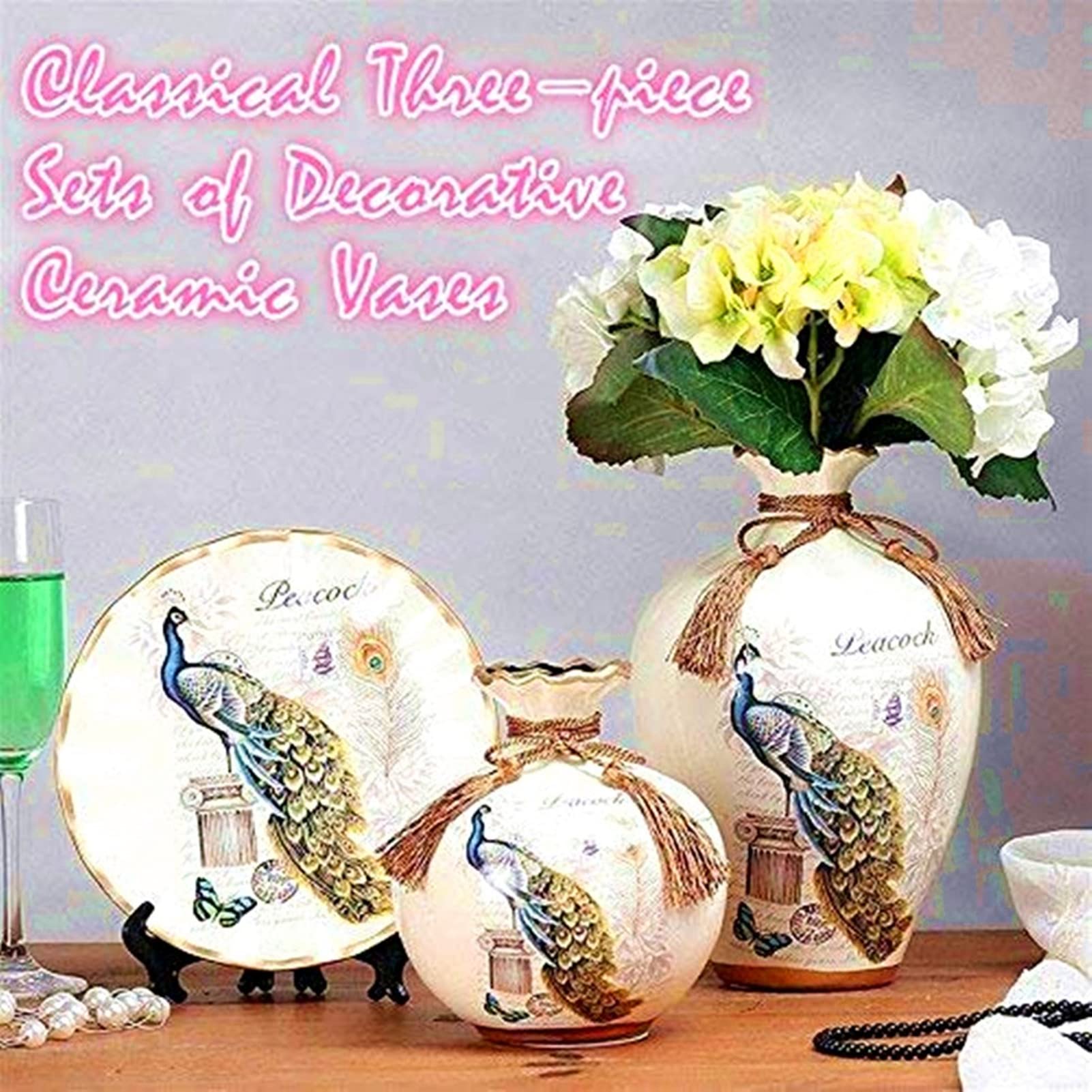 3-Piece Ceramic Vase Set with Peacock Design - Elegant Home Decor for Living Room, Dining Table & Wedding Centerpieces