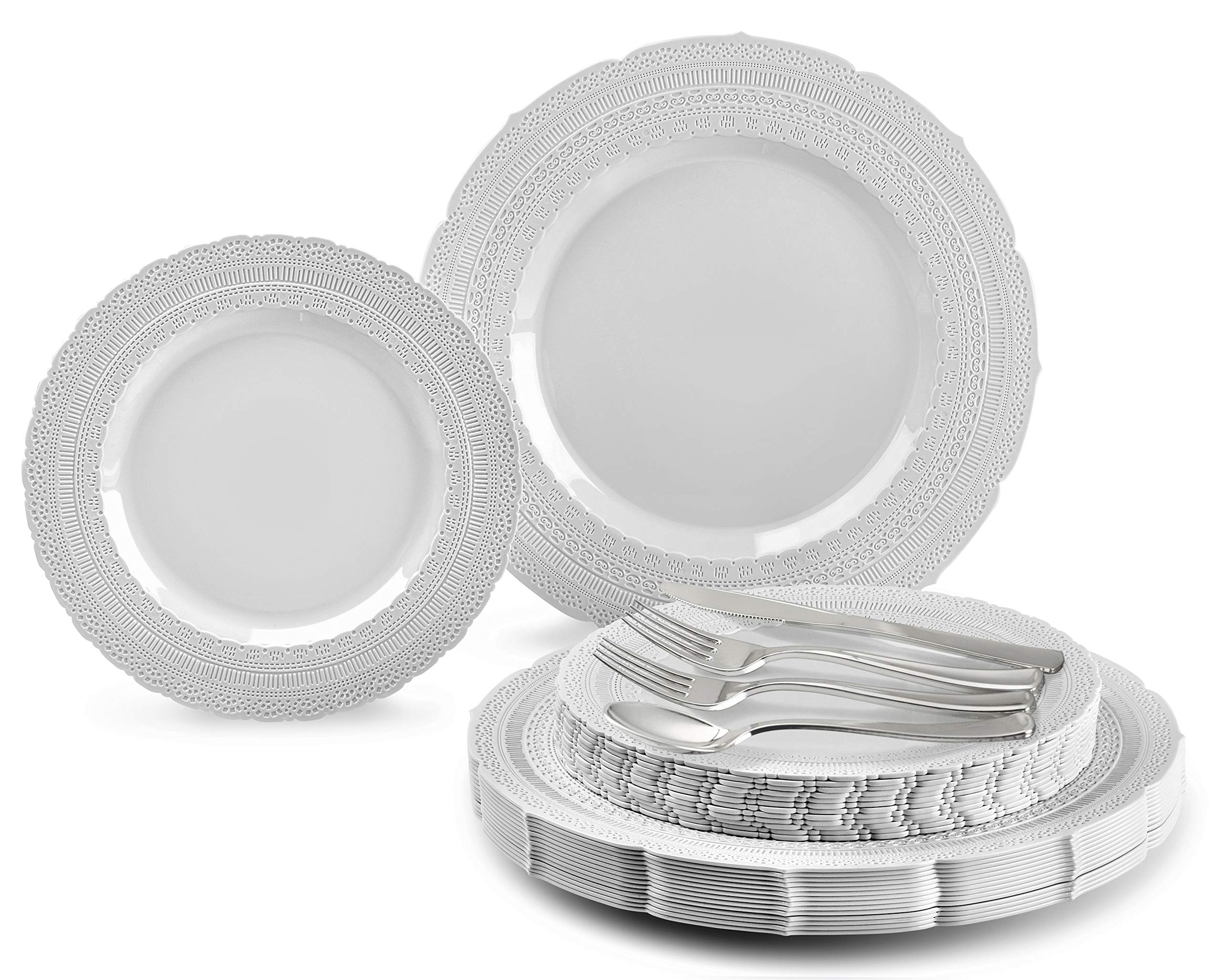 360-Piece Heavyweight Vintage Disposable Plastic Plate Set with Silverware (60 Guest) - Elegant Light Gray Chateau Design & Double Silver Forks for Weddings, Parties, and Special Events