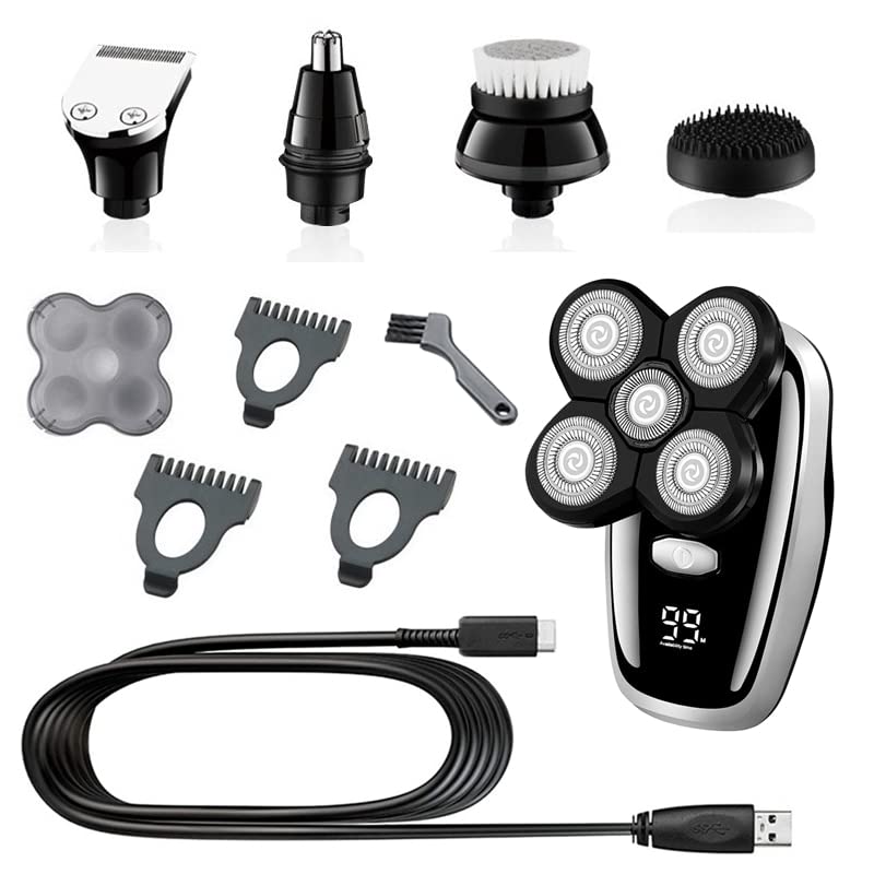 5-in-1 Electric Razor for Men - Rechargeable Wet/Dry Rotary Shaver with Beard Trimmer & Body Groomer | Bald Head & Full Body Shaving Kit for Home & Travel Use